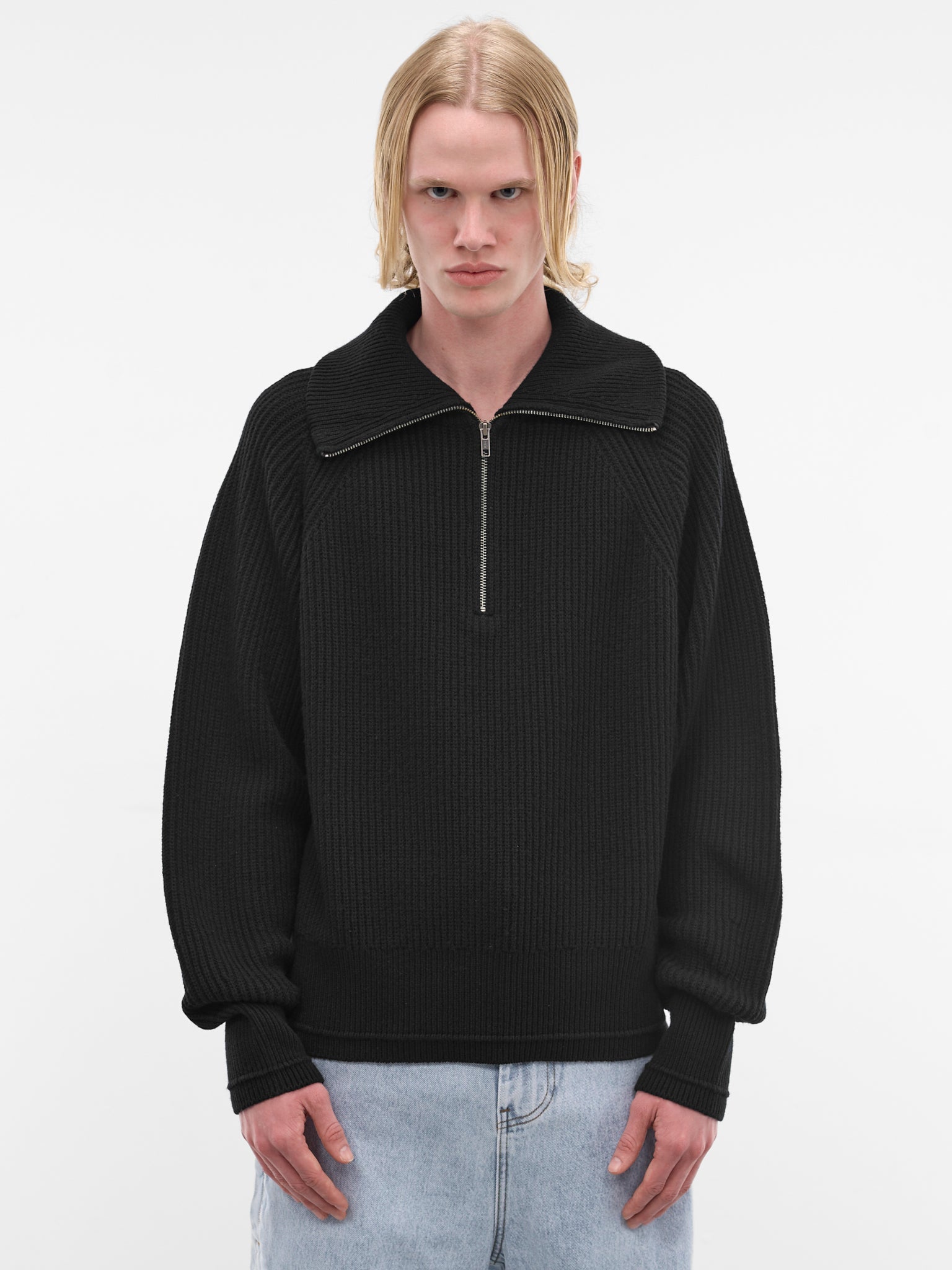 Black Wool Rib-Knit Quarter Zip (ESSS26TO01073-BLACK)