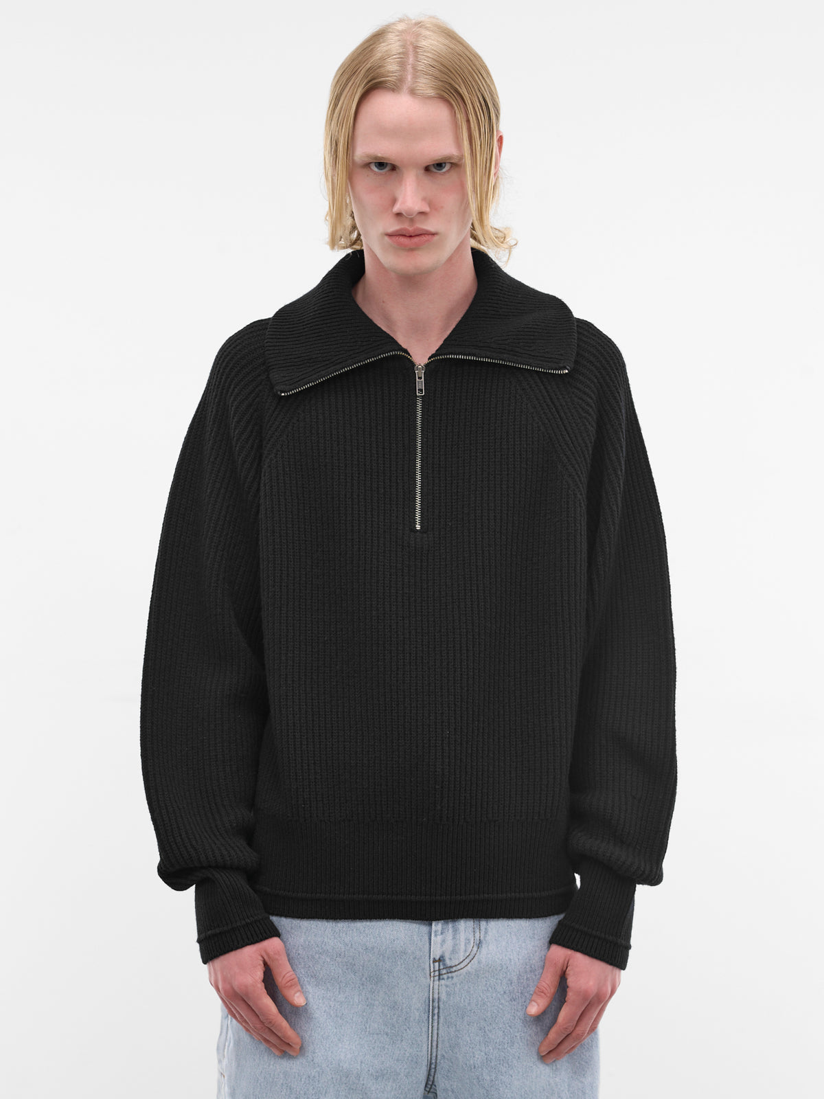 Black Wool Rib-Knit Quarter Zip (ESSS26TO01073-BLACK)