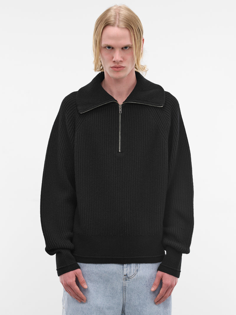 Black Wool Rib-Knit Quarter Zip (ESSS26TO01073-BLACK)