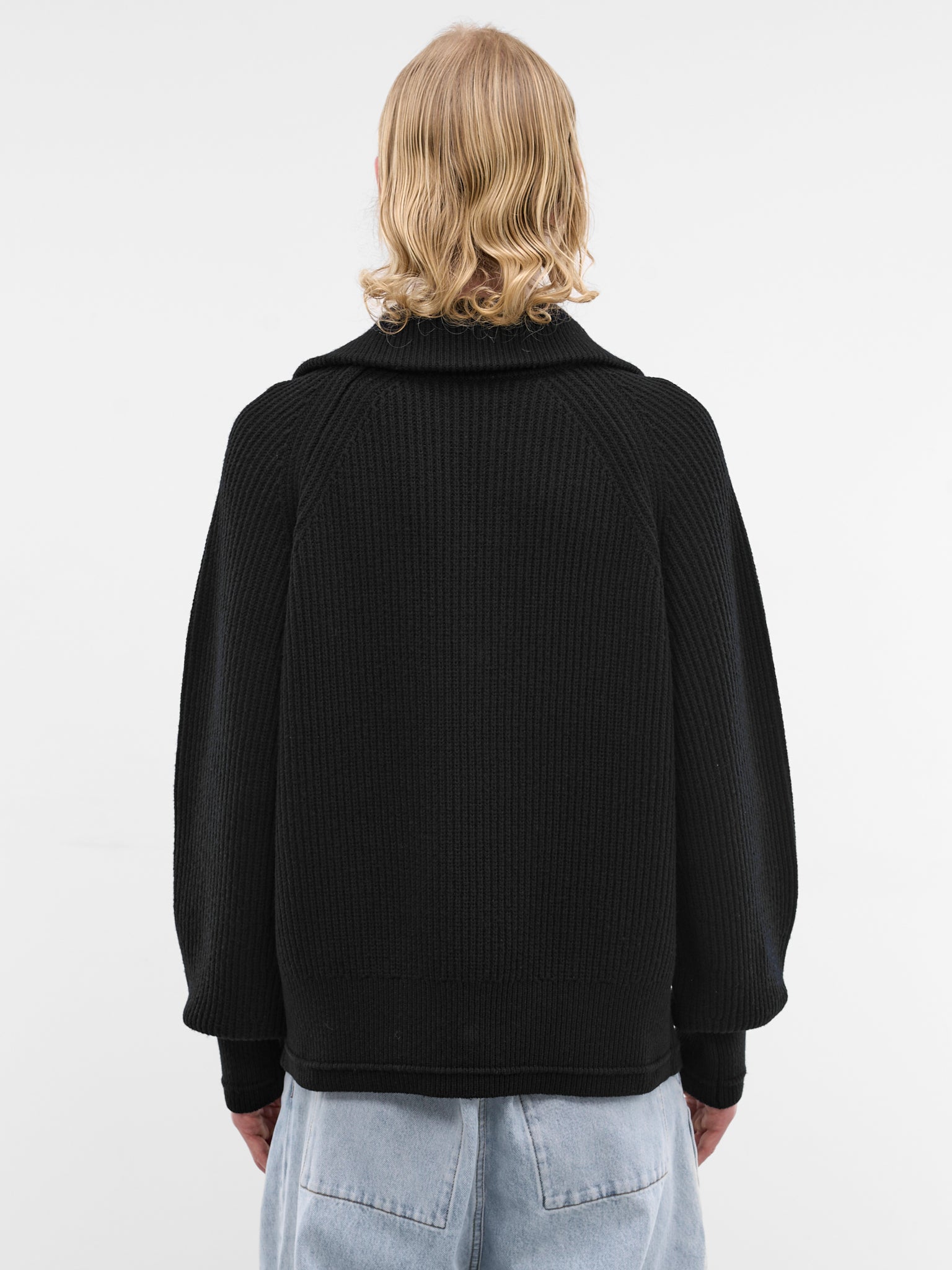 Black Wool Rib-Knit Quarter Zip (ESSS26TO01073-BLACK)