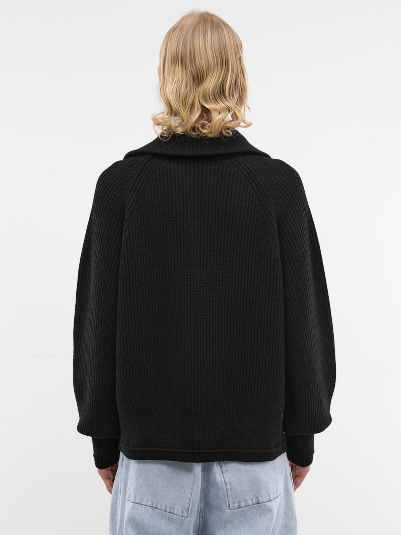 Black Wool Rib-Knit Quarter Zip (ESSS26TO01073-BLACK)