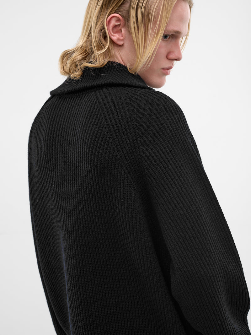 Black Wool Rib-Knit Quarter Zip (ESSS26TO01073-BLACK)