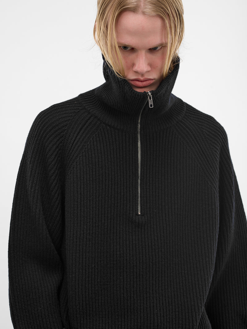 Black Wool Rib-Knit Quarter Zip (ESSS26TO01073-BLACK)