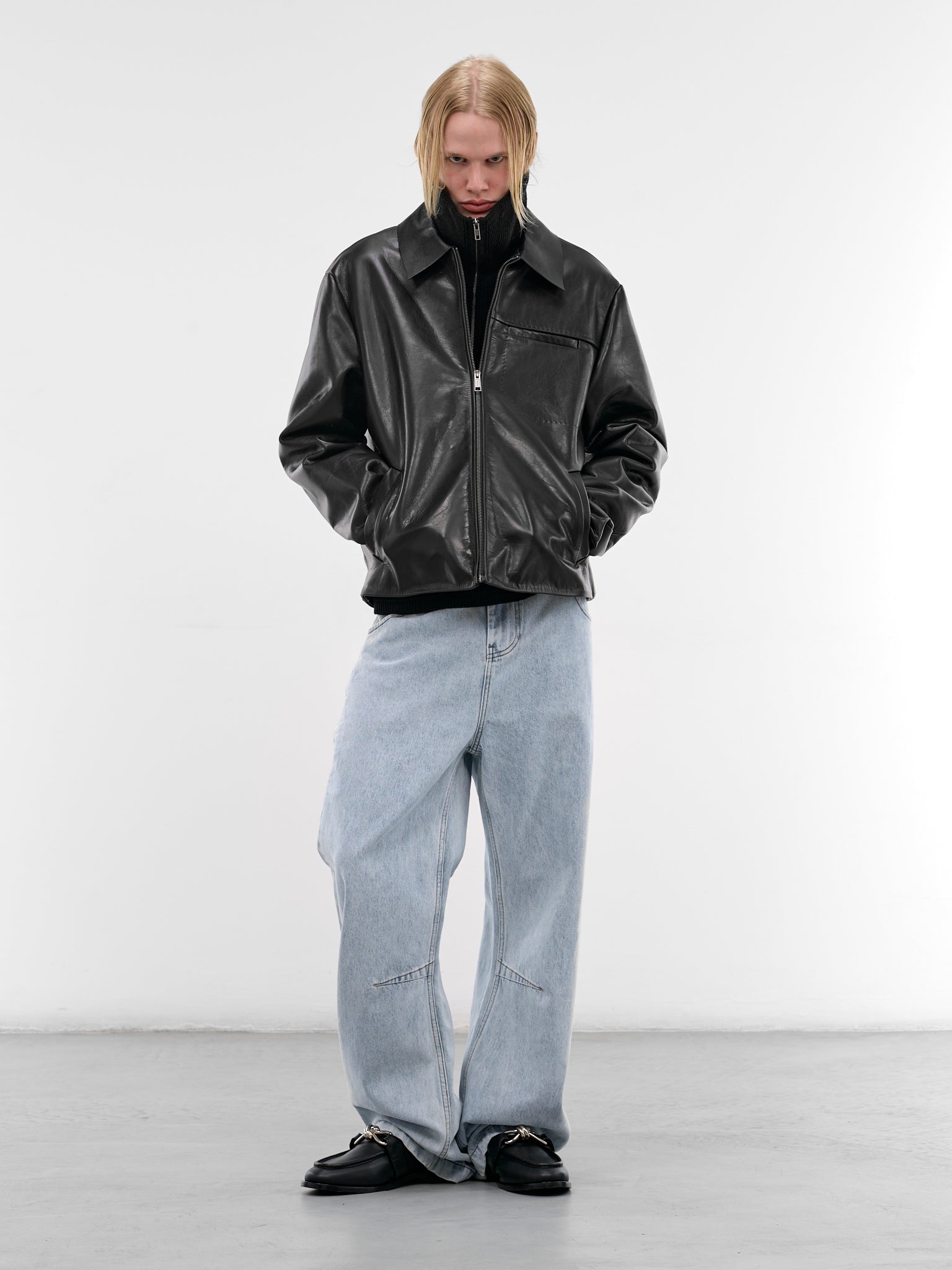 Black Wool Rib-Knit Quarter Zip (ESSS26TO01073-BLACK)