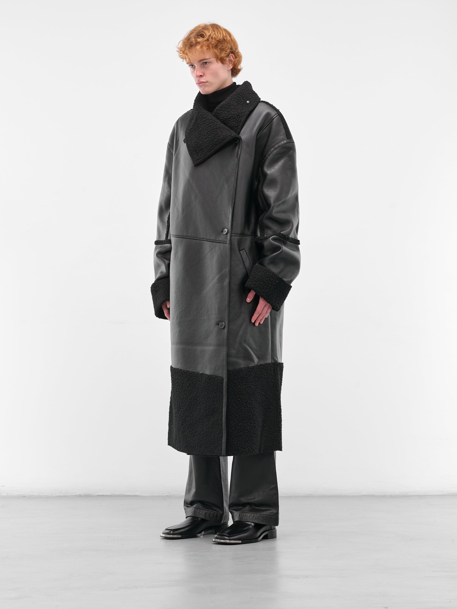 Black Leather Shearling Long Coat (ESU-W25-13021-BL-BLACK)