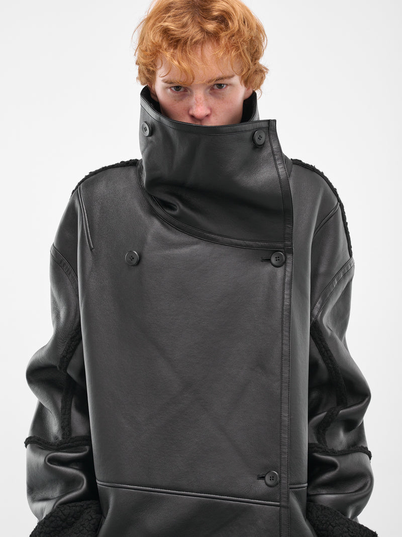 Black Leather Shearling Long Coat (ESU-W25-13021-BL-BLACK)