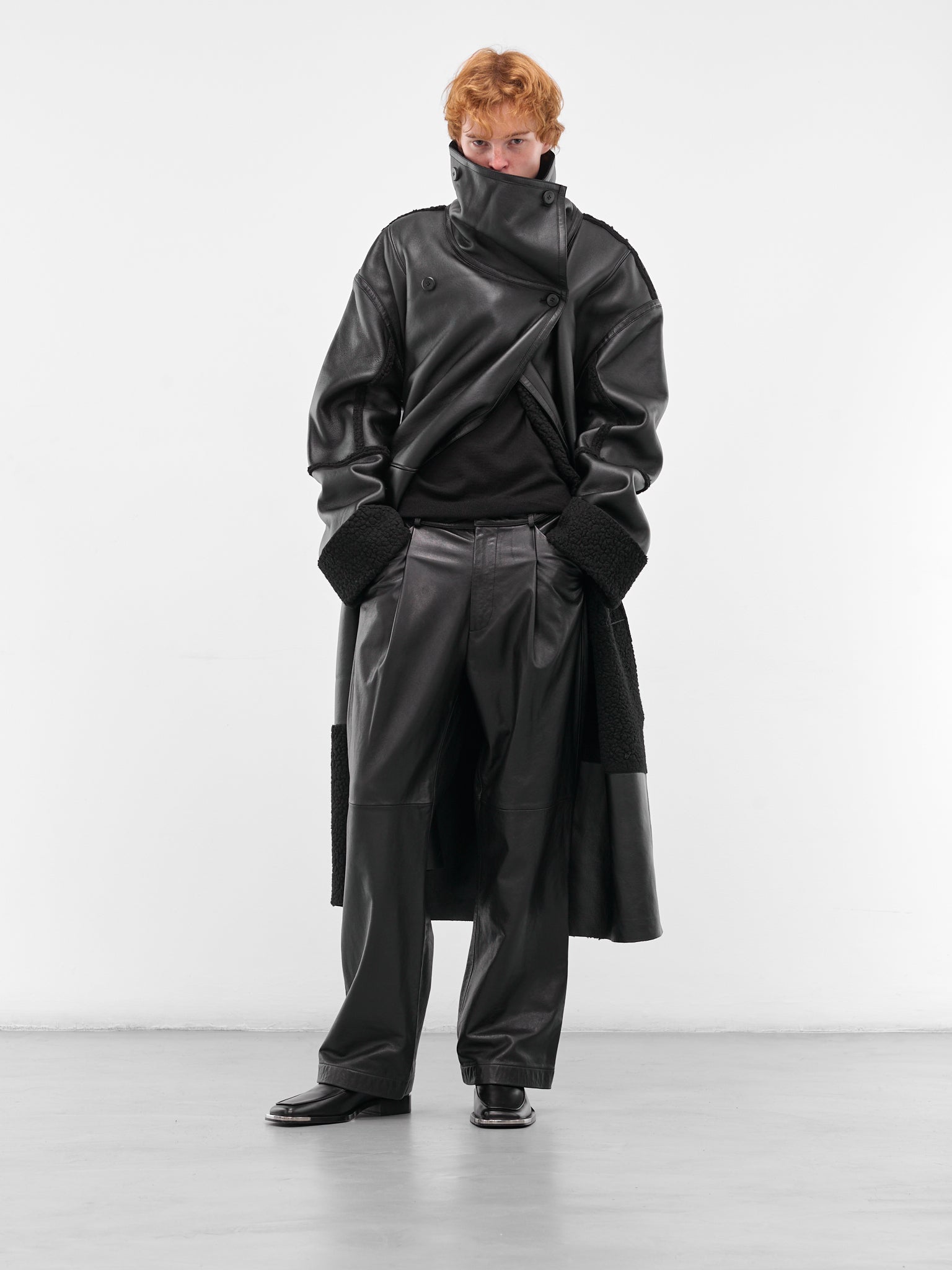 Black Leather Shearling Long Coat (ESU-W25-13021-BL-BLACK)