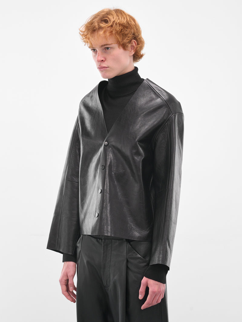 Black Minimalist Leather Boxy Jacket (ESU-W25-13025-BL-BLACK)