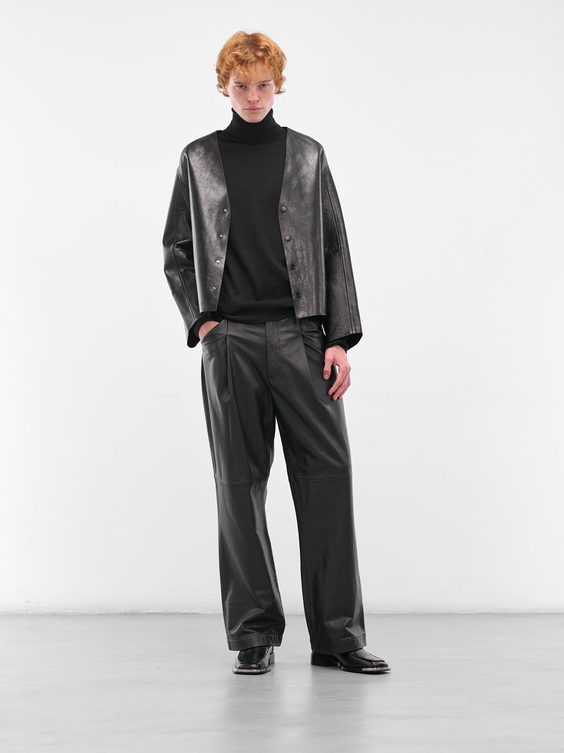 Black Minimalist Leather Boxy Jacket (ESU-W25-13025-BL-BLACK)