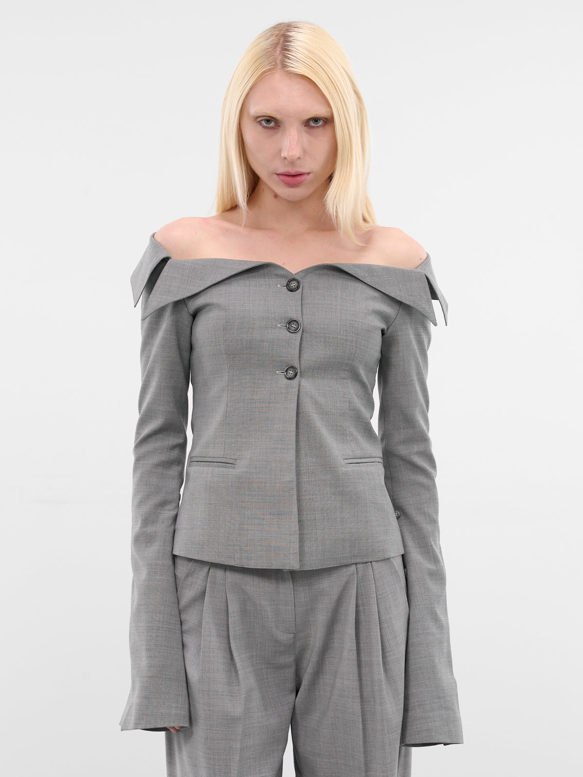 Gray Off-Shoulder Wool Evelyn Blazer (EVELYN-BLAZER-LIGHT-GREY)
