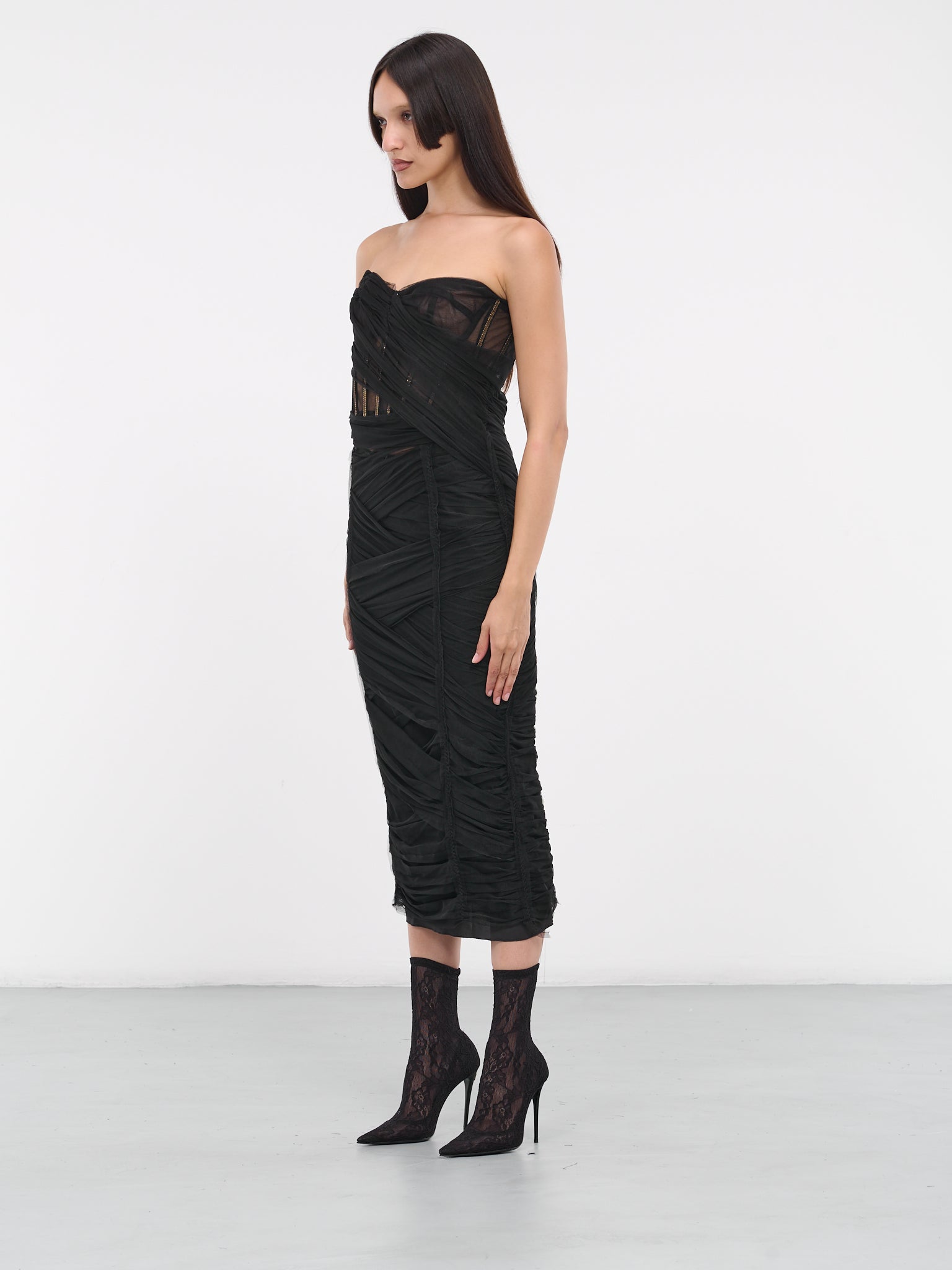 Tulle Corset Midi Dress (F6DJYT-HLUAC-N0000-BLACK) Tulle Corset Midi Dress (F6DJYT-HLUAC-N0000-BLACK)