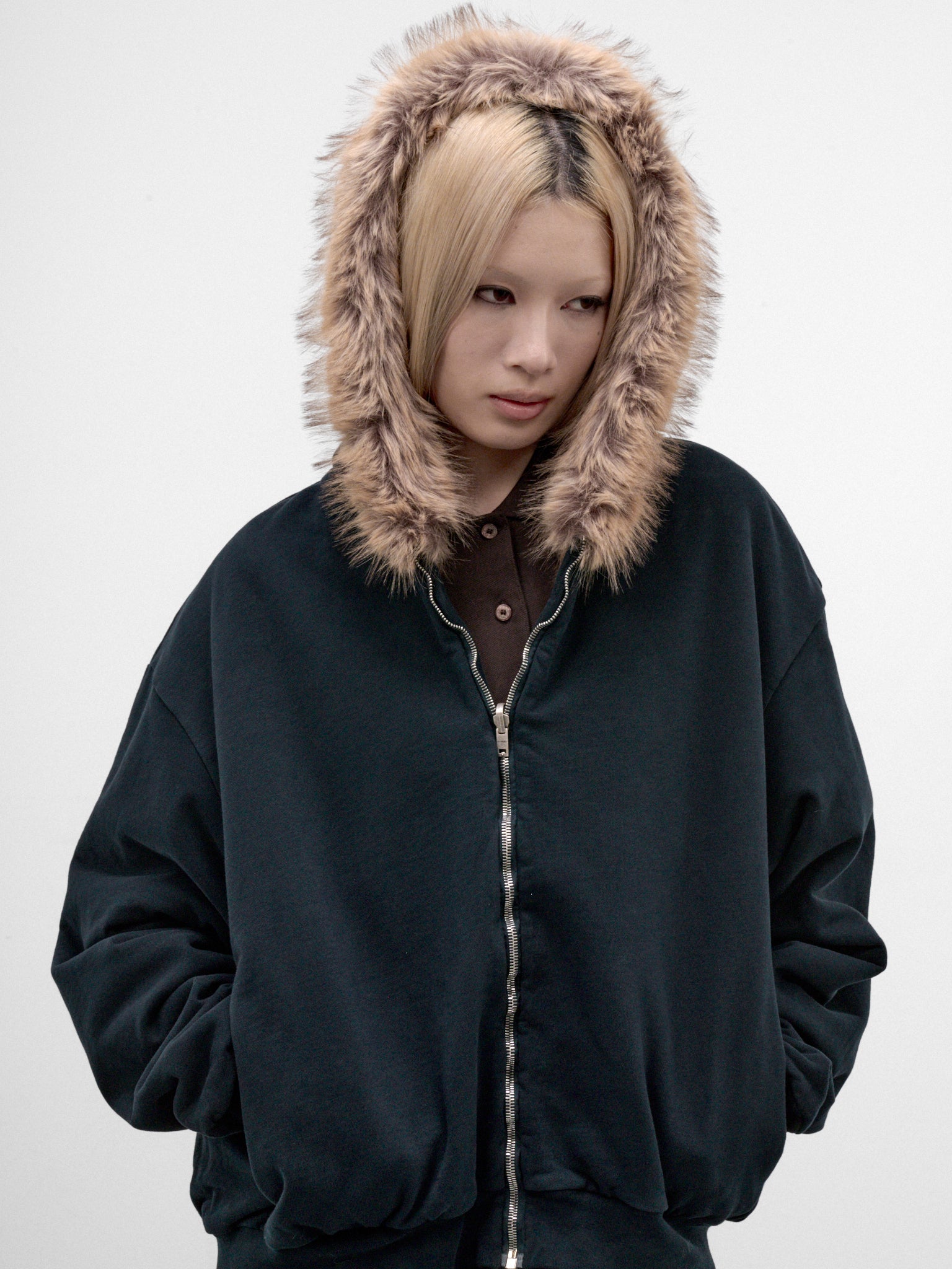 Navy Faux Fur Zip Hoodie (FA-WN-SWEA000005-DARK-NAVY)