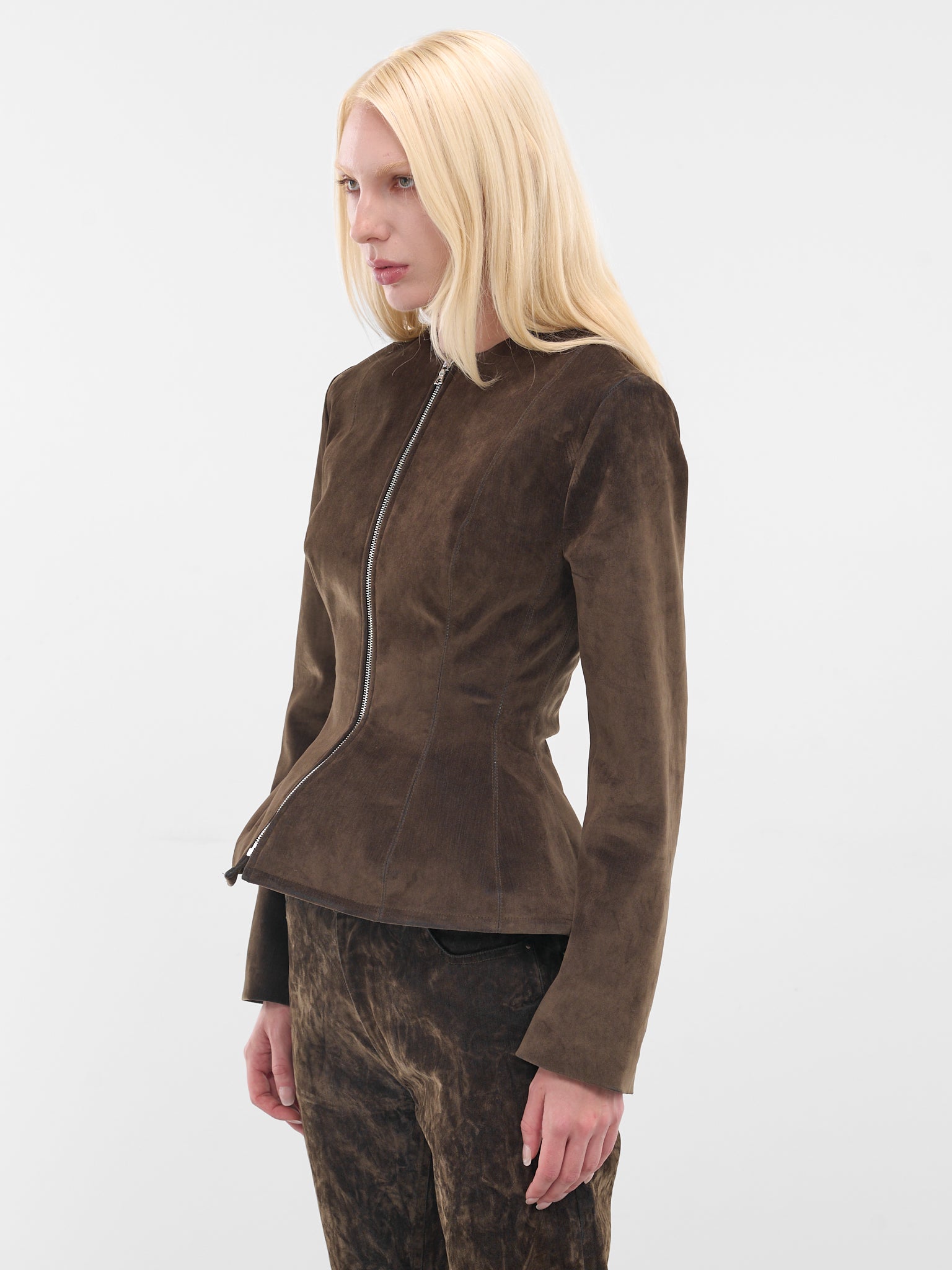 Brown Denim Sculpted Zip Jacket (FFFW25OW05-GREEN)