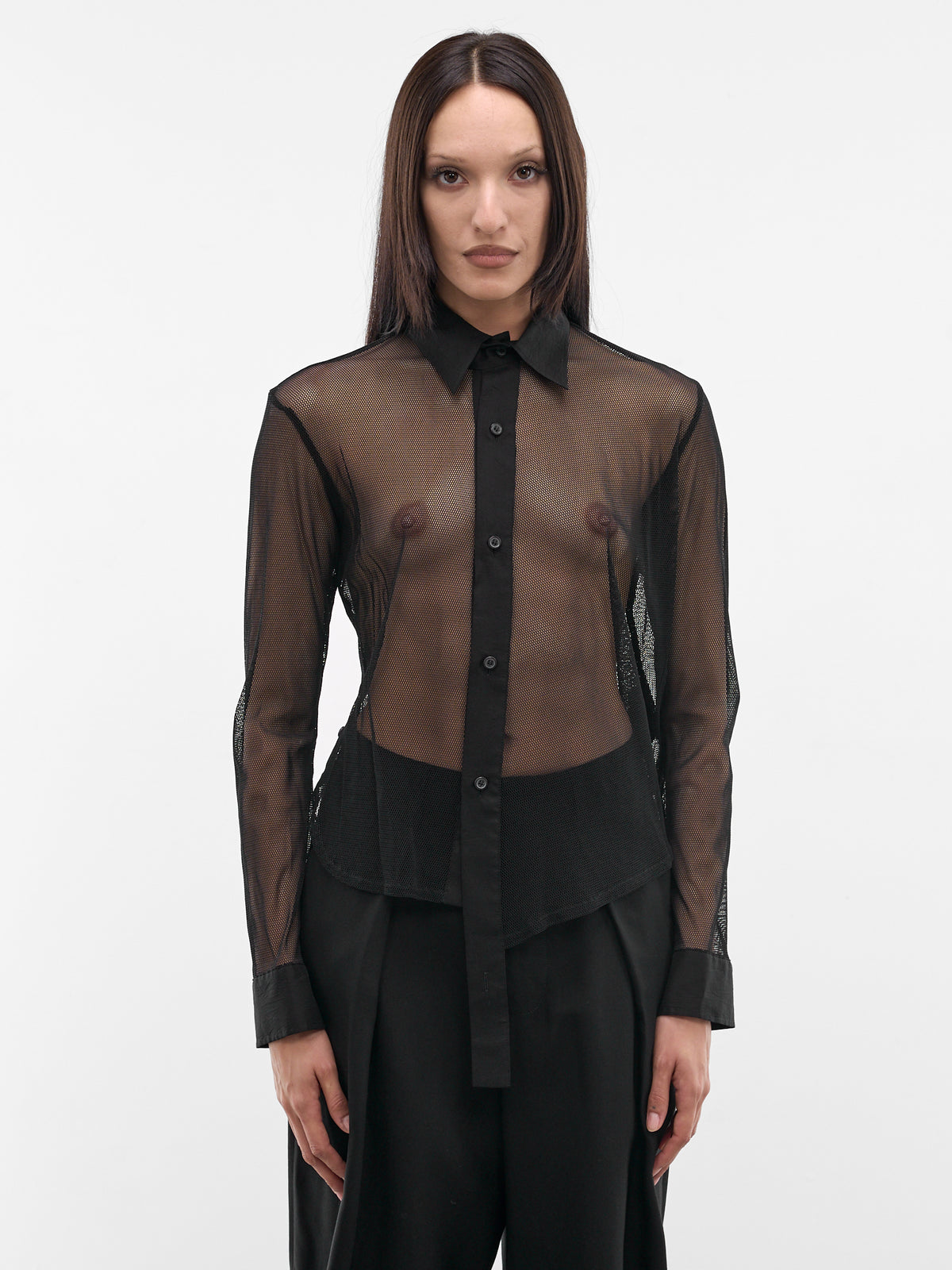Black Net Tulle Button-Up Shirt (FK-B61-900-1BLACK)