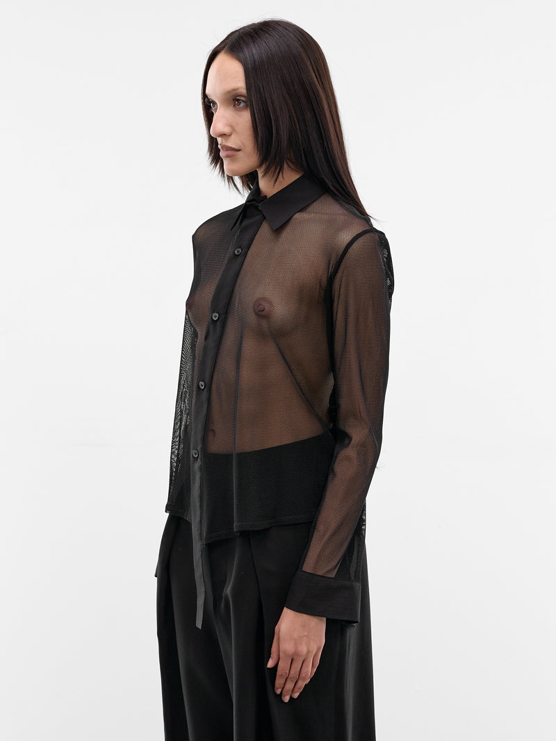 Black Net Tulle Button-Up Shirt (FK-B61-900-1BLACK)