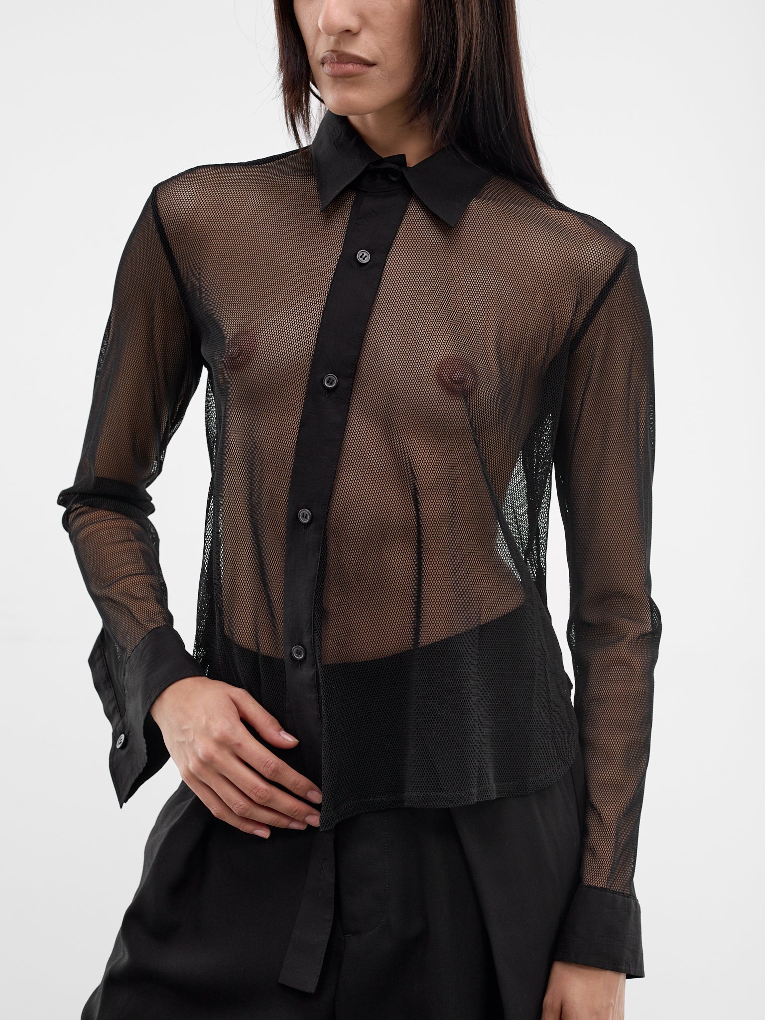 Black Net Tulle Button-Up Shirt (FK-B61-900-1BLACK)