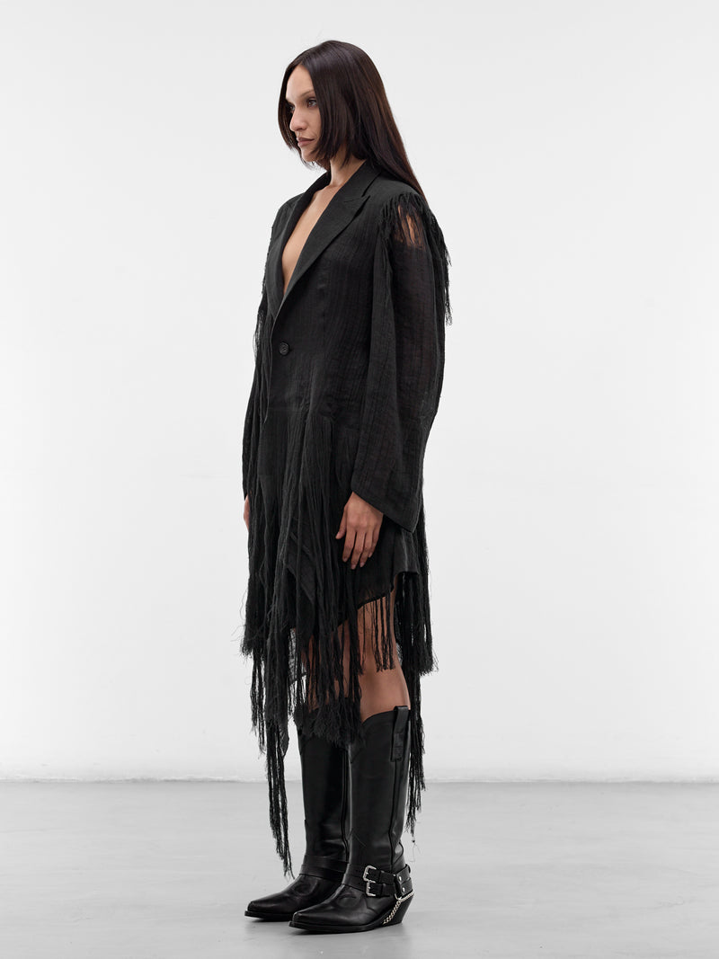 Black Linen Fringe Blazer (FK-J02-307-1-BLACK)