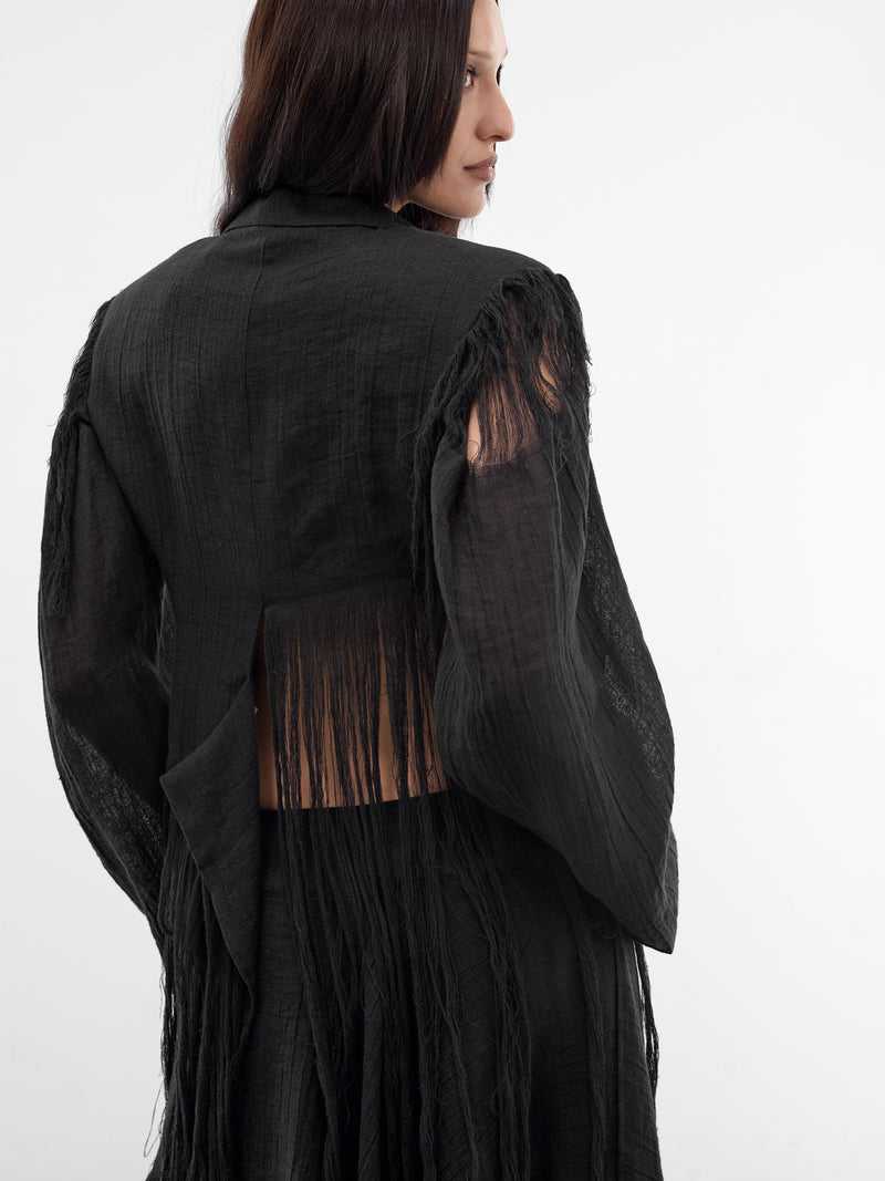 Black Linen Fringe Blazer (FK-J02-307-1-BLACK)
