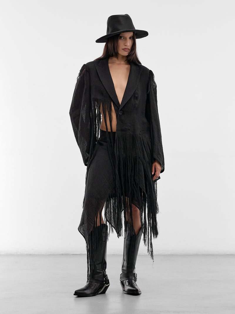 Black Linen Fringe Blazer (FK-J02-307-1-BLACK)