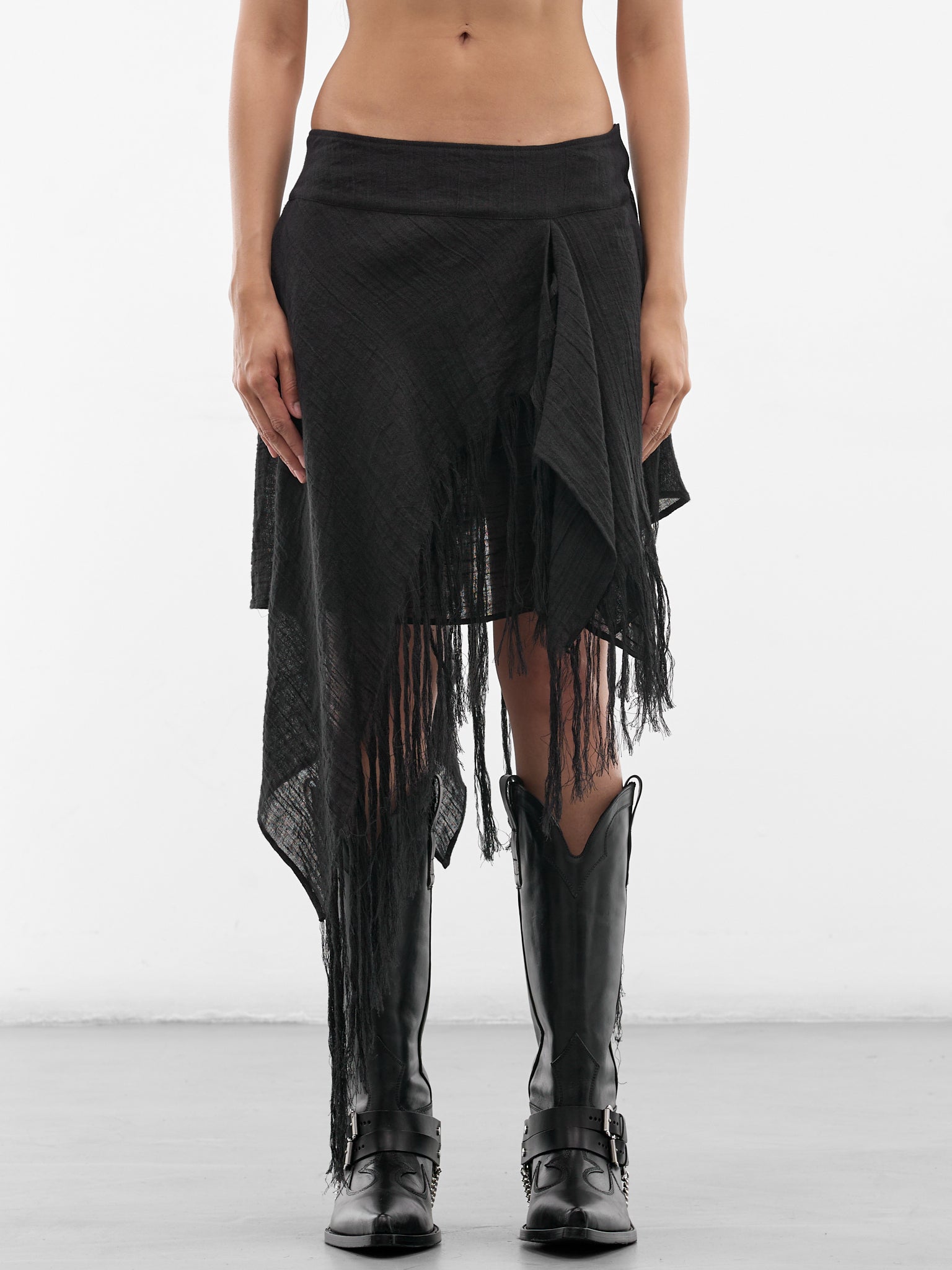 Black Linen Layered Fringe Skirt (FK-S02-307-1-BLACK)