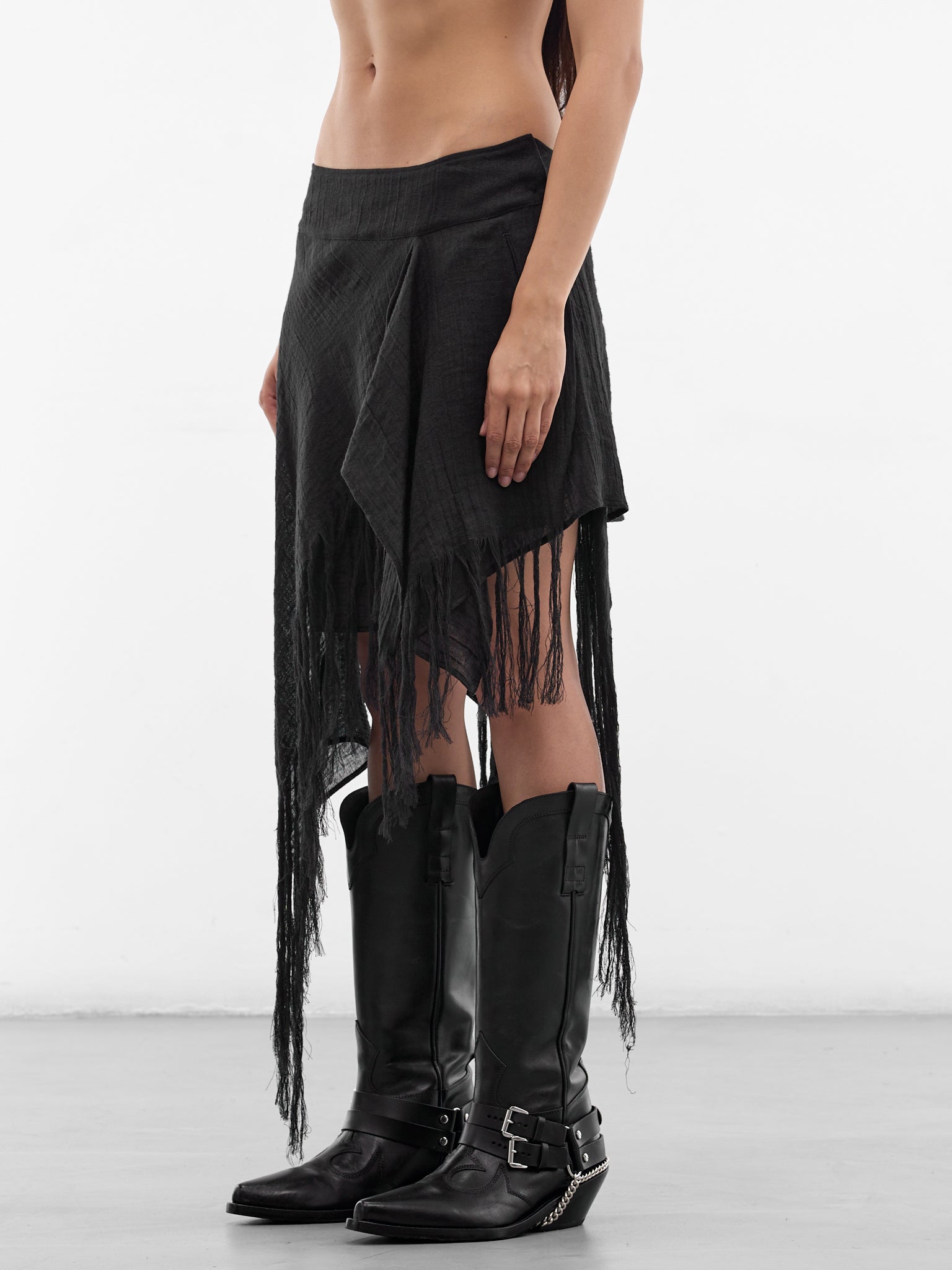Black Linen Layered Fringe Skirt (FK-S02-307-1-BLACK)