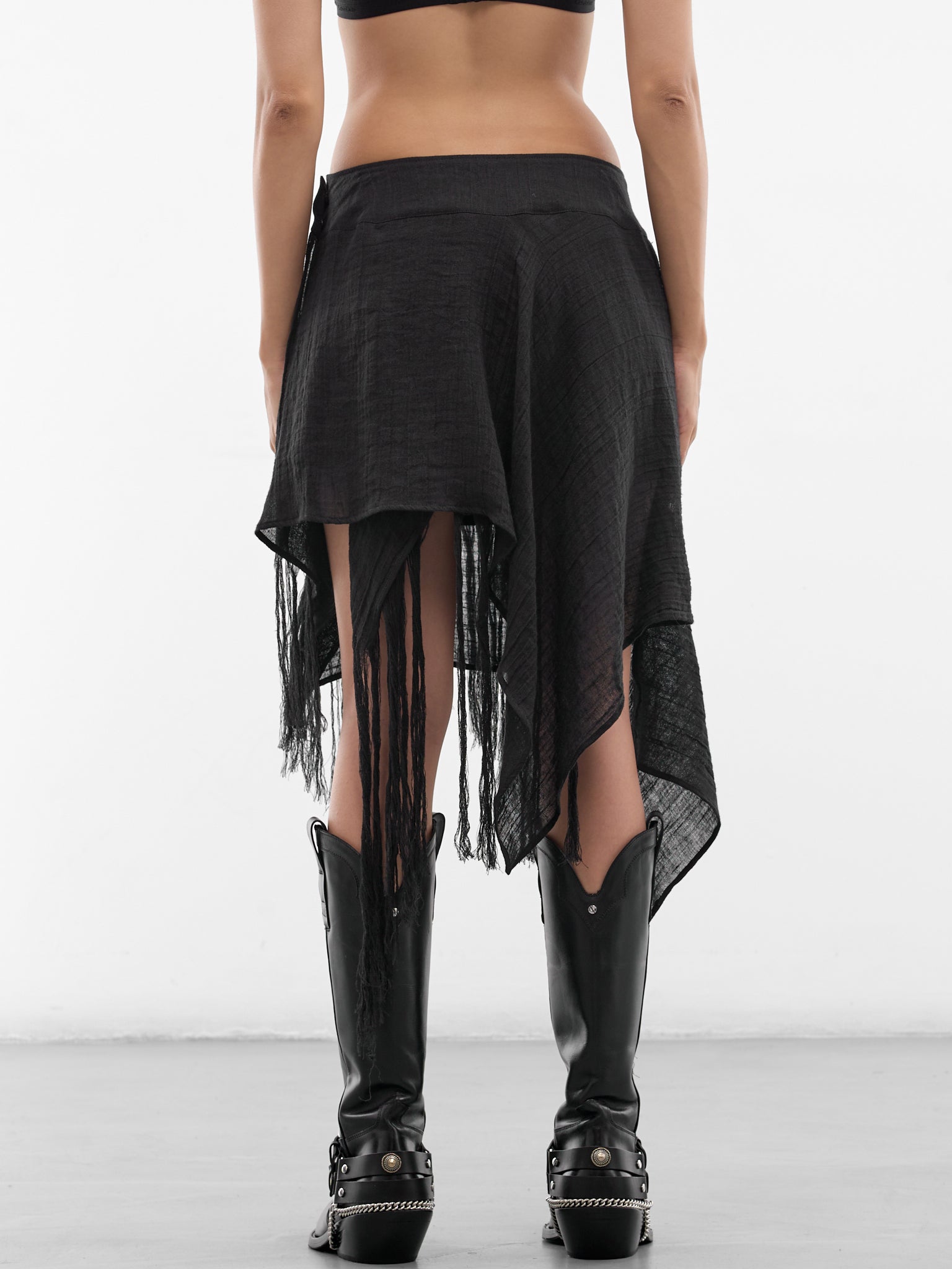 Black Linen Layered Fringe Skirt (FK-S02-307-1-BLACK)