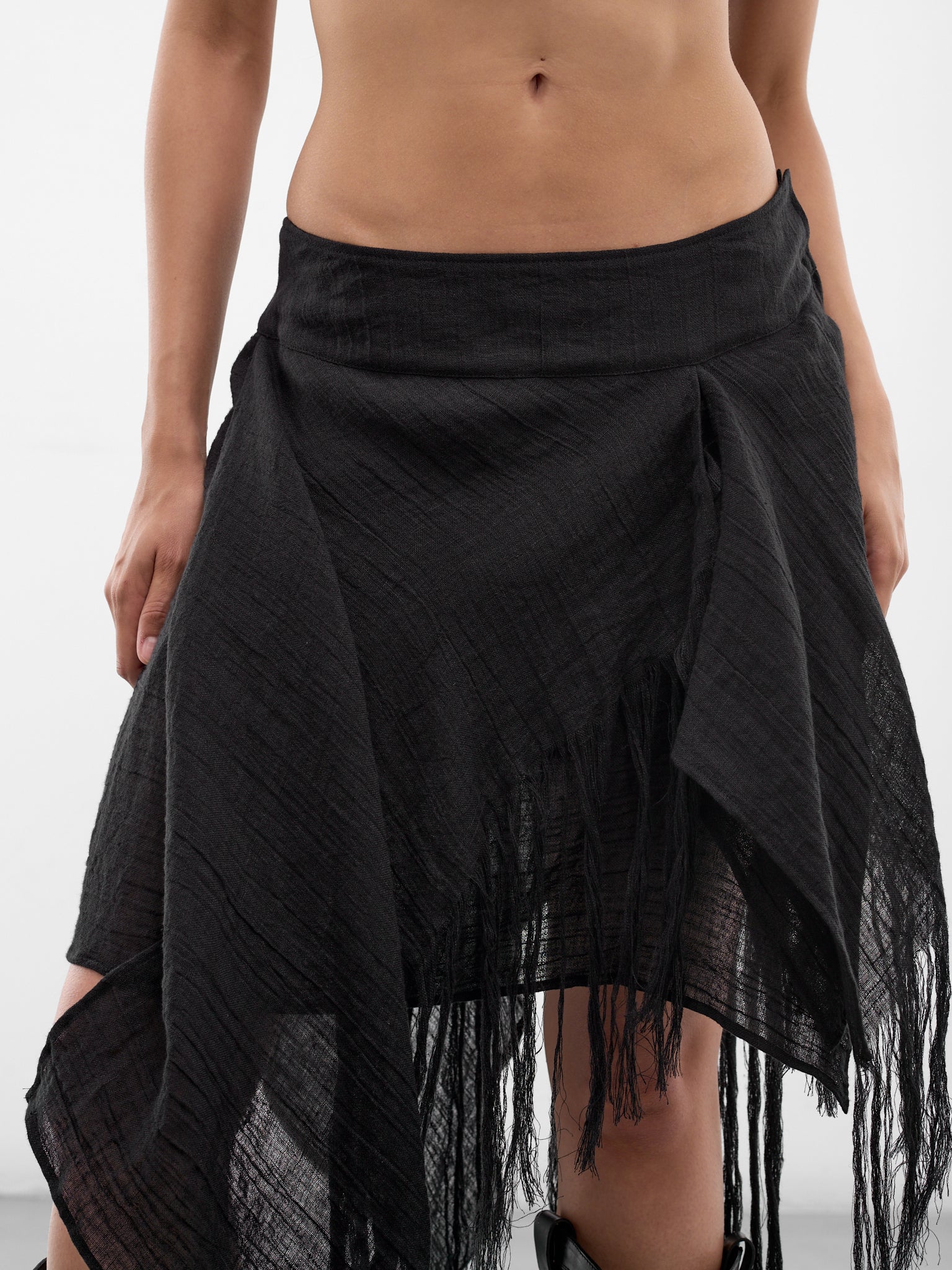 Black Linen Layered Fringe Skirt (FK-S02-307-1-BLACK)