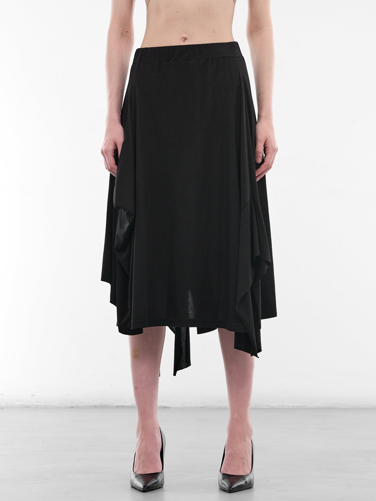 Black Asymmetric Draped Midi Skirt (FK-T05-071-1-BLACK)