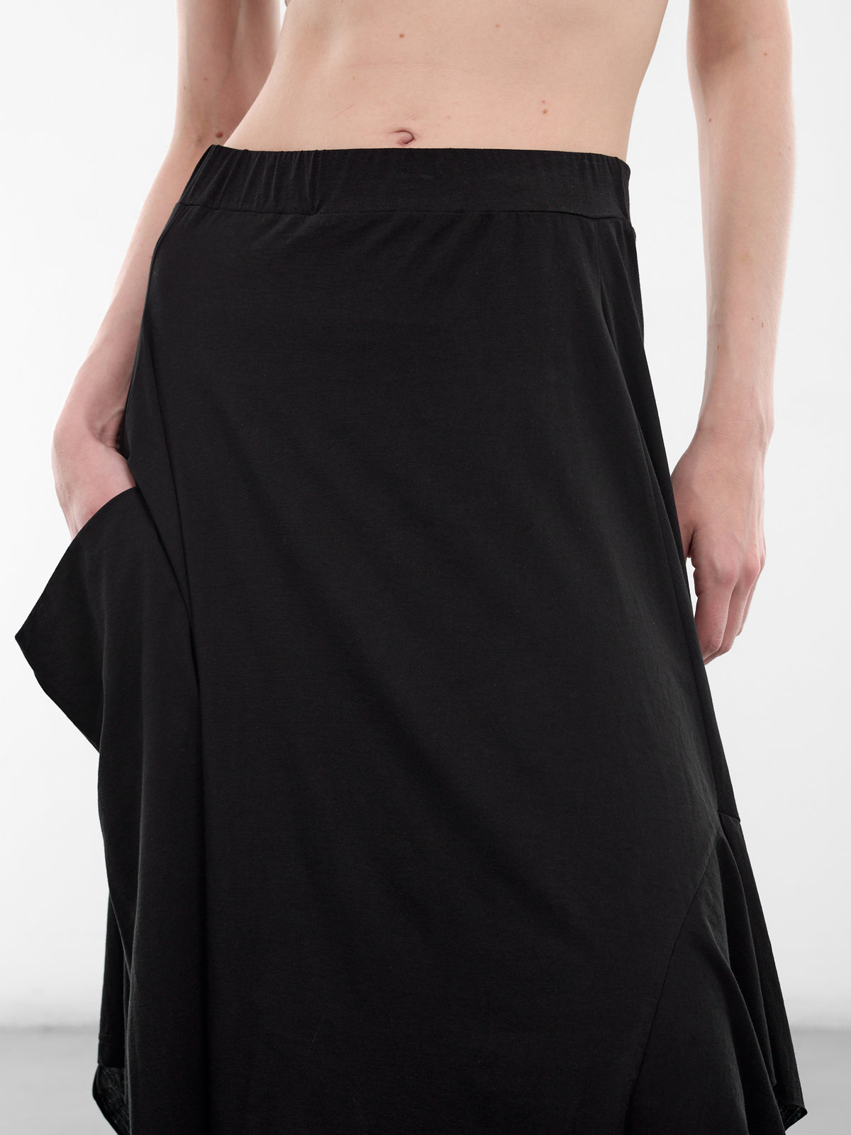Black Asymmetric Draped Midi Skirt (FK-T05-071-1-BLACK)