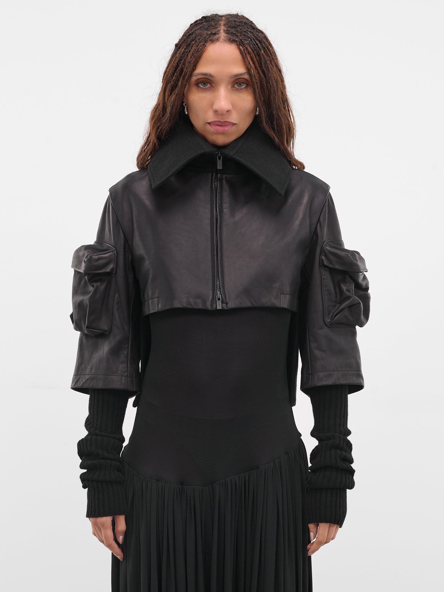 Black Layered Leather Cropped Jacket (FL-J05-834-BLACK)
