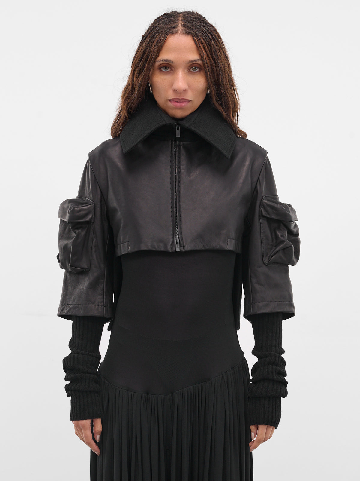 Black Layered Leather Cropped Jacket (FL-J05-834-BLACK)