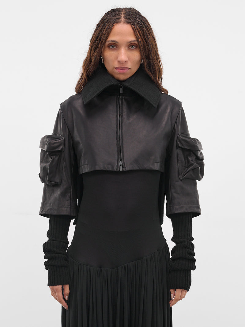 Black Layered Leather Cropped Jacket (FL-J05-834-BLACK)