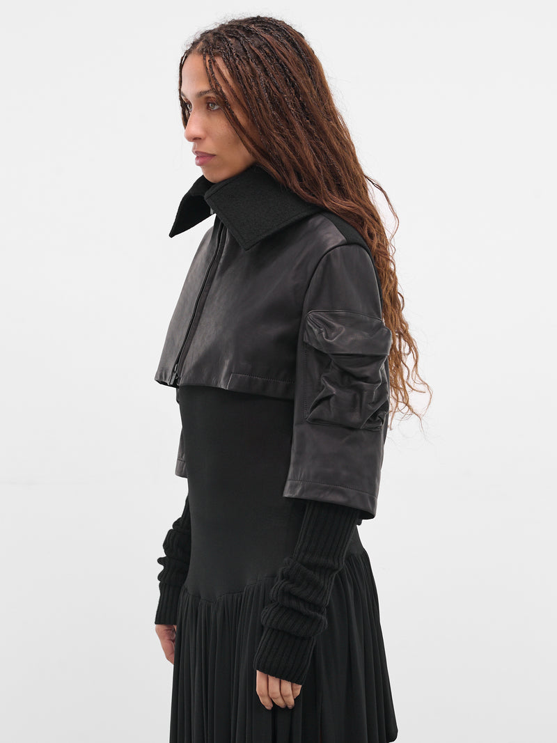 Black Layered Leather Cropped Jacket (FL-J05-834-BLACK)