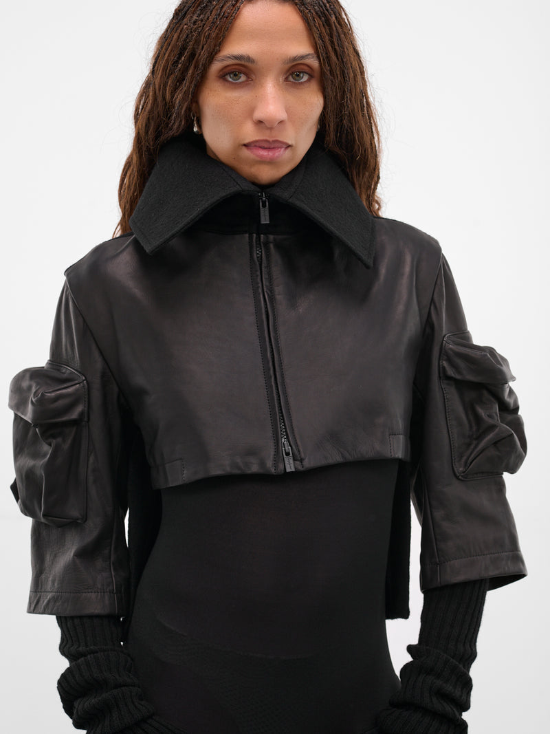 Black Layered Leather Cropped Jacket (FL-J05-834-BLACK)