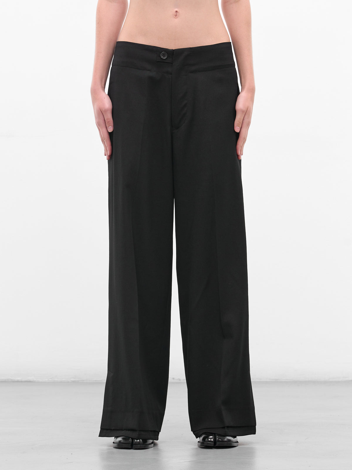 Black Gabardine Vent Wide Trousers (FL-P62-100-1-BLACK)