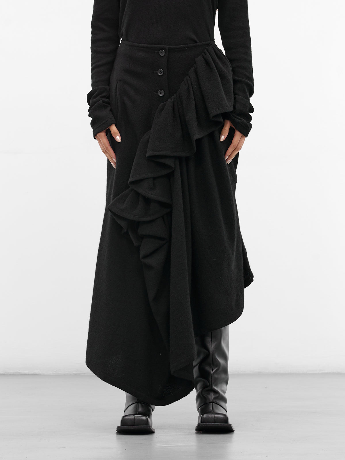 Black Gathered Flannel Maxi Skirt (FL-S03-111-BLACK)