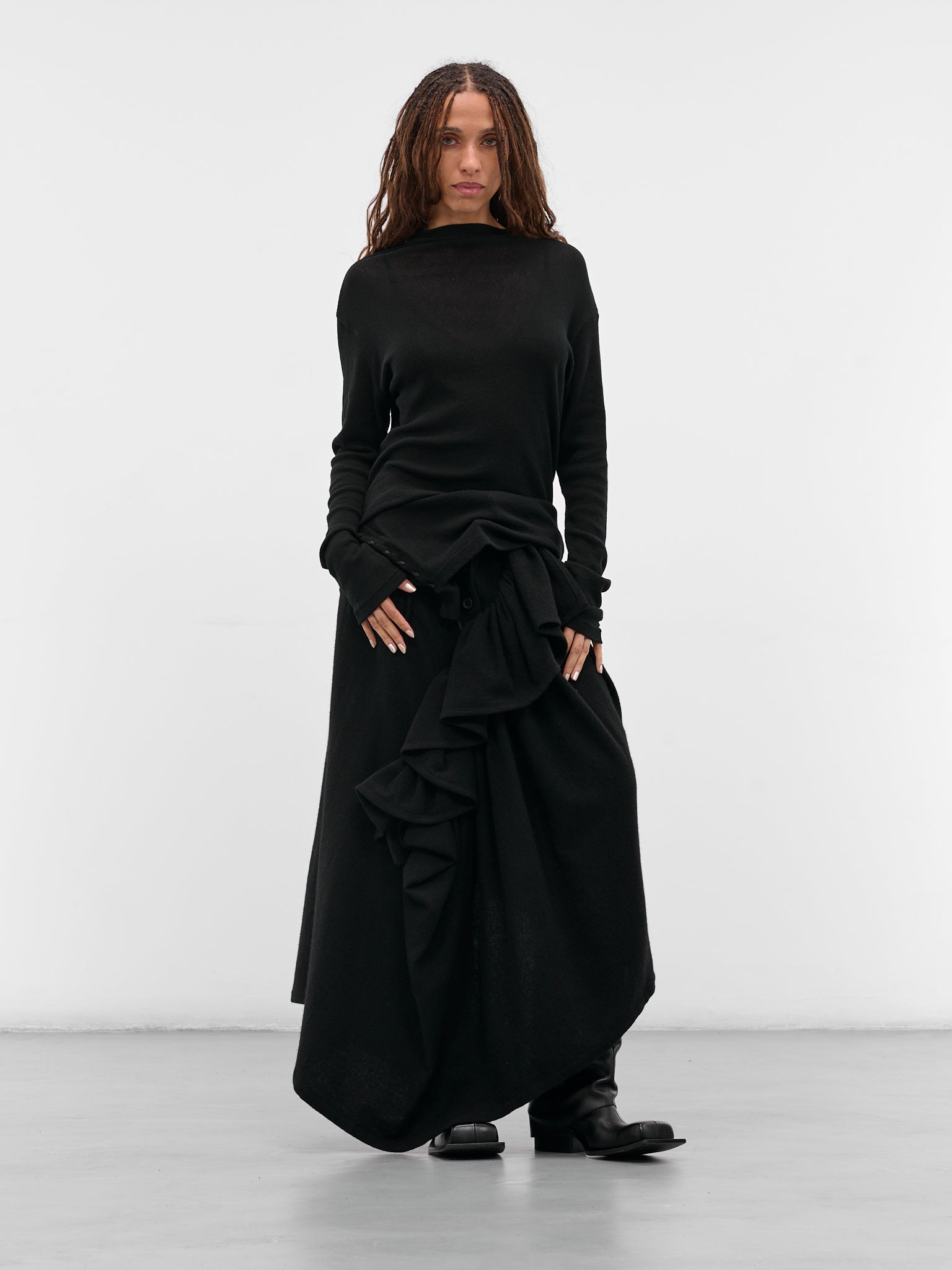 Black Gathered Flannel Maxi Skirt (FL-S03-111-BLACK)