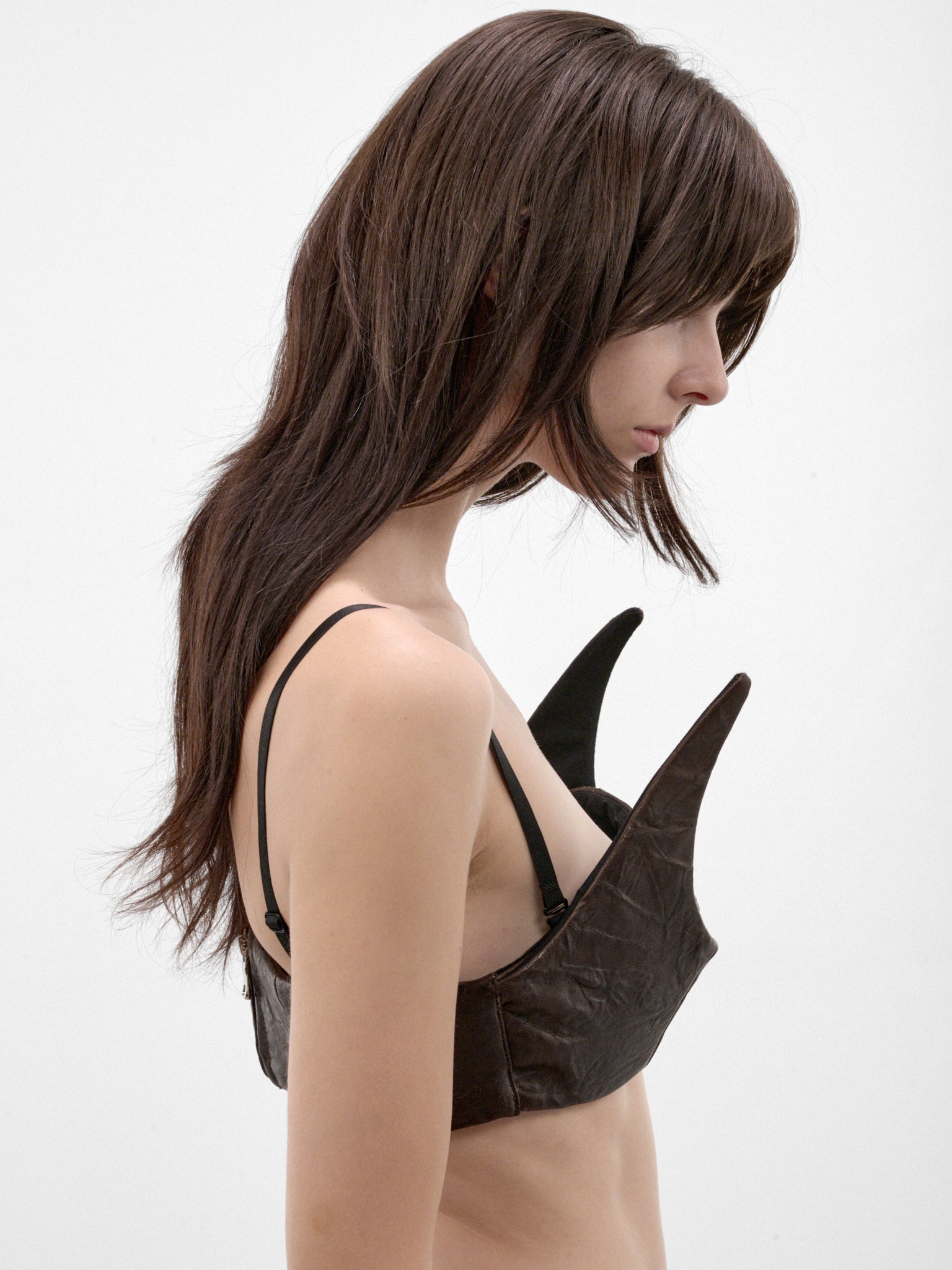 Brown Leather Sculptural Bra Top (FLAW26BLBRTP-BROWN)