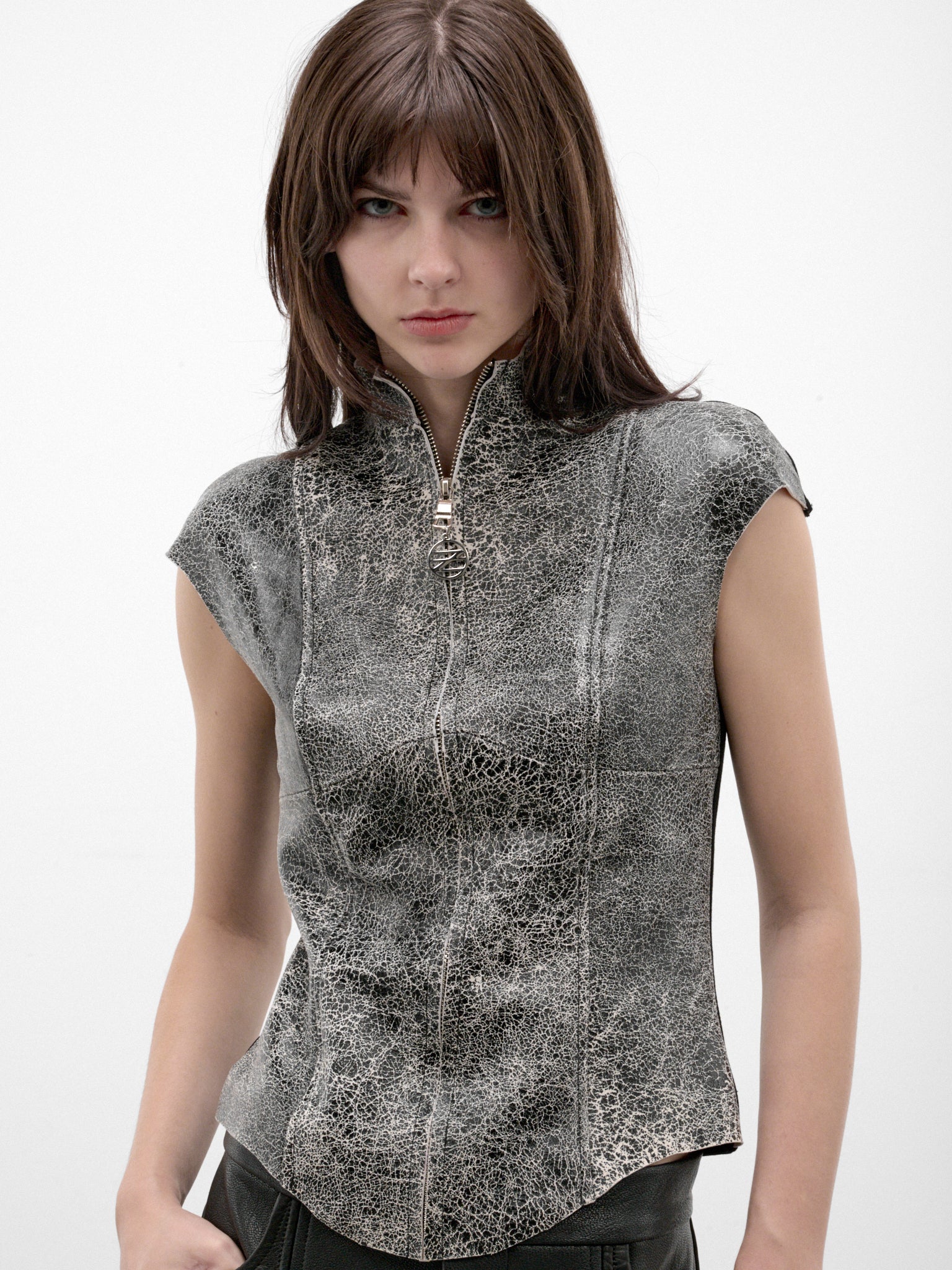 Gray Leather Fitted Zip Top (FLAW26CRCKLTP-CRACKLE-GREY)
