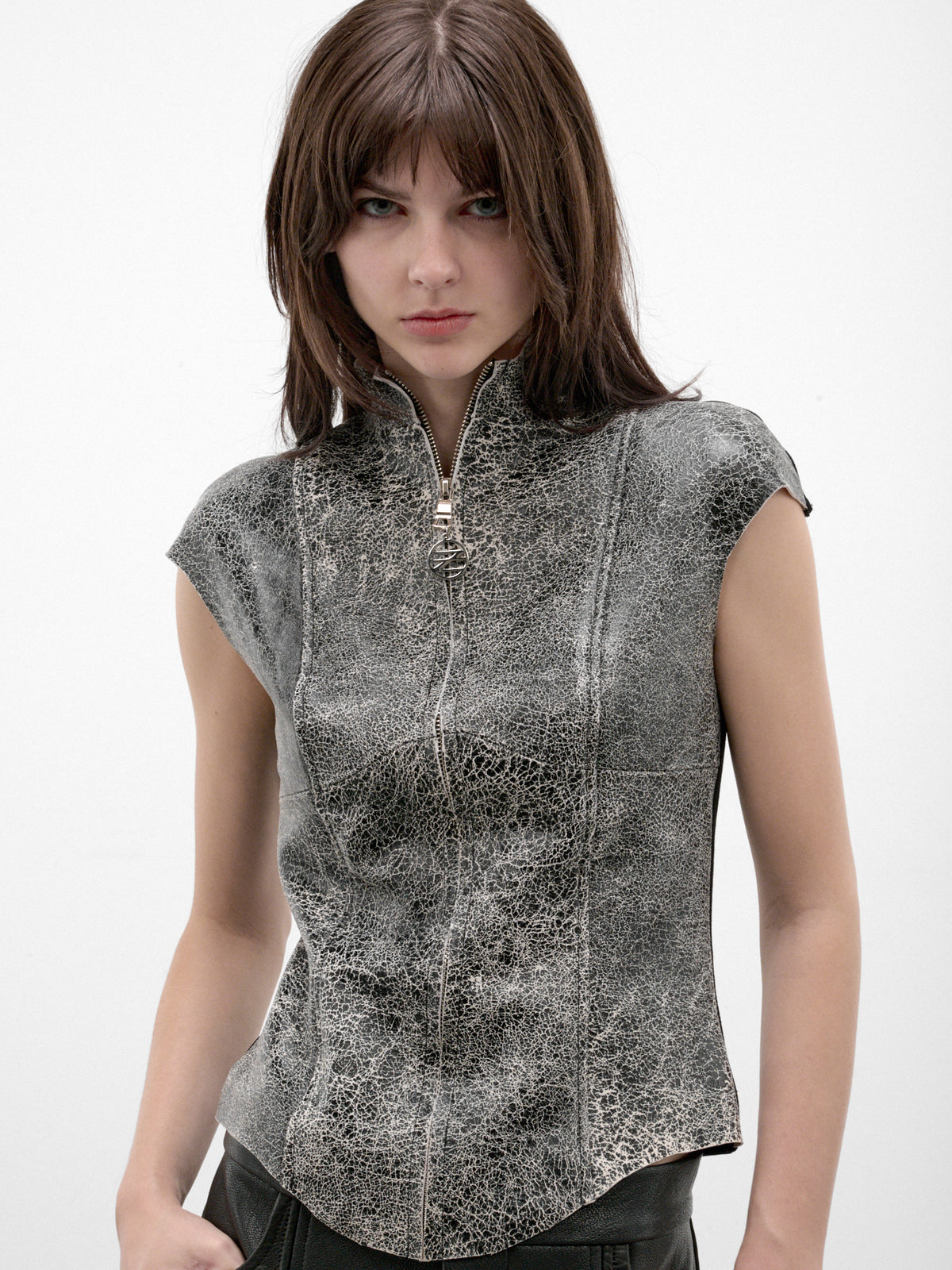 Gray Leather Fitted Zip Top (FLAW26CRCKLTP-CRACKLE-GREY)