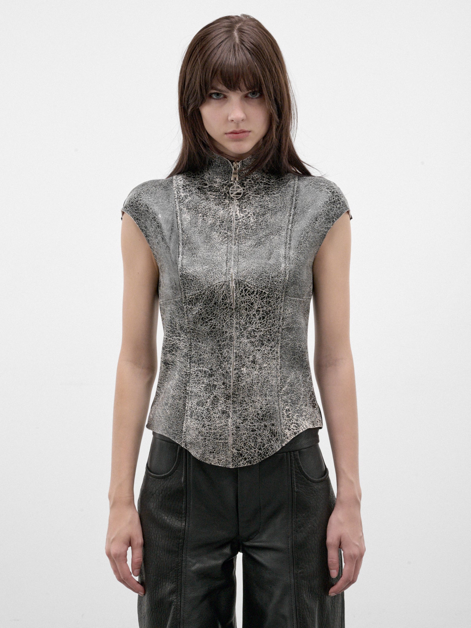 Gray Leather Fitted Zip Top (FLAW26CRCKLTP-CRACKLE-GREY)