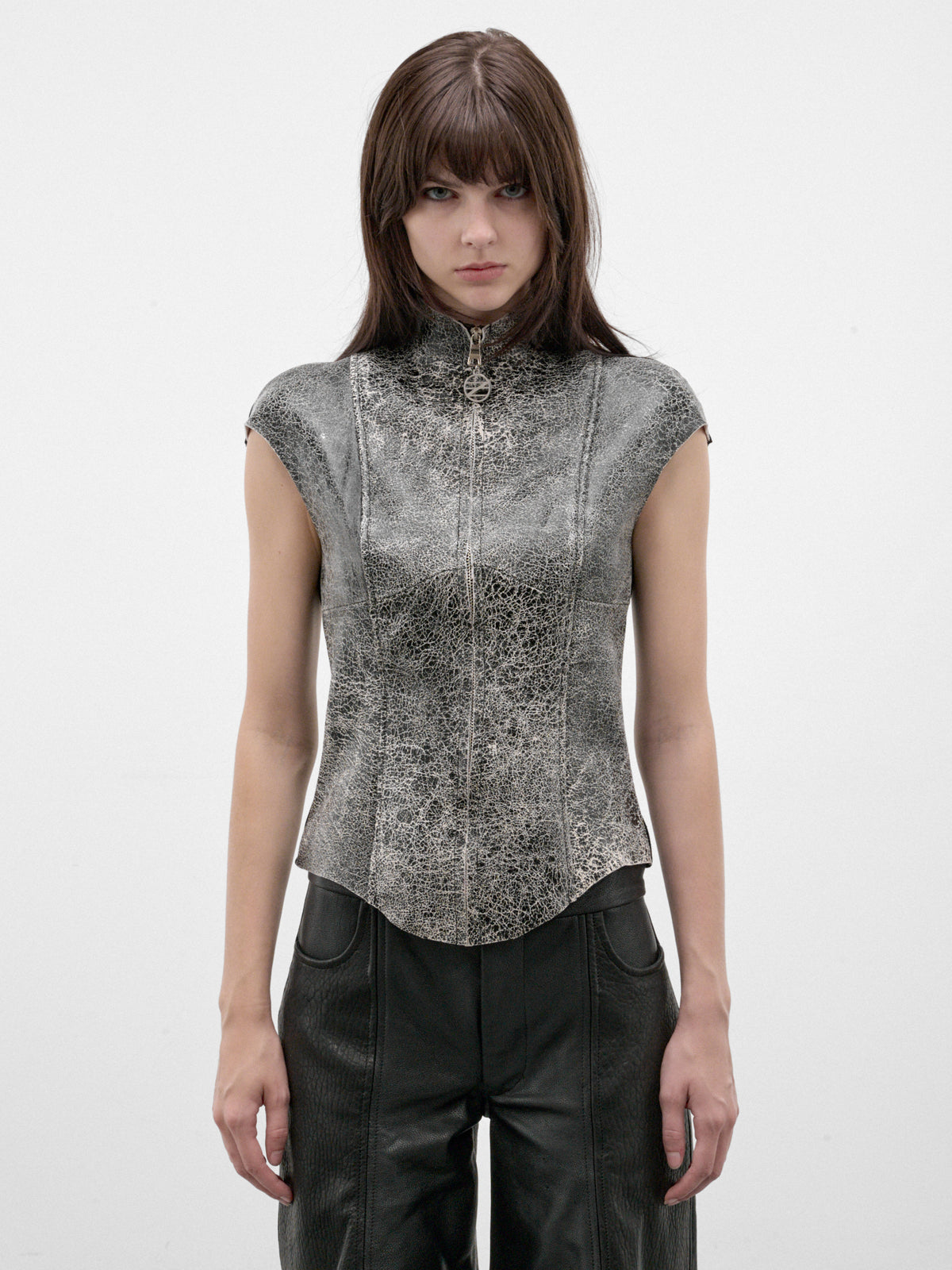 Gray Leather Fitted Zip Top (FLAW26CRCKLTP-CRACKLE-GREY)