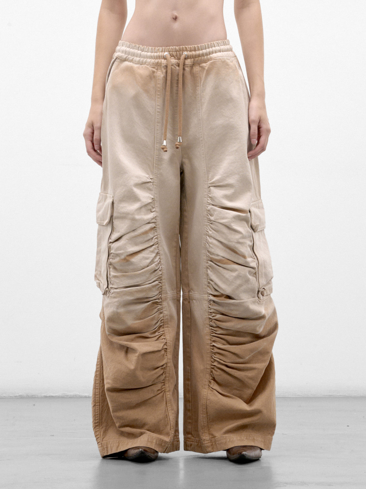 Khaki Cotton Ruched Cargo Pants (FLAW26MWDNCRGPNT-KHAKI)