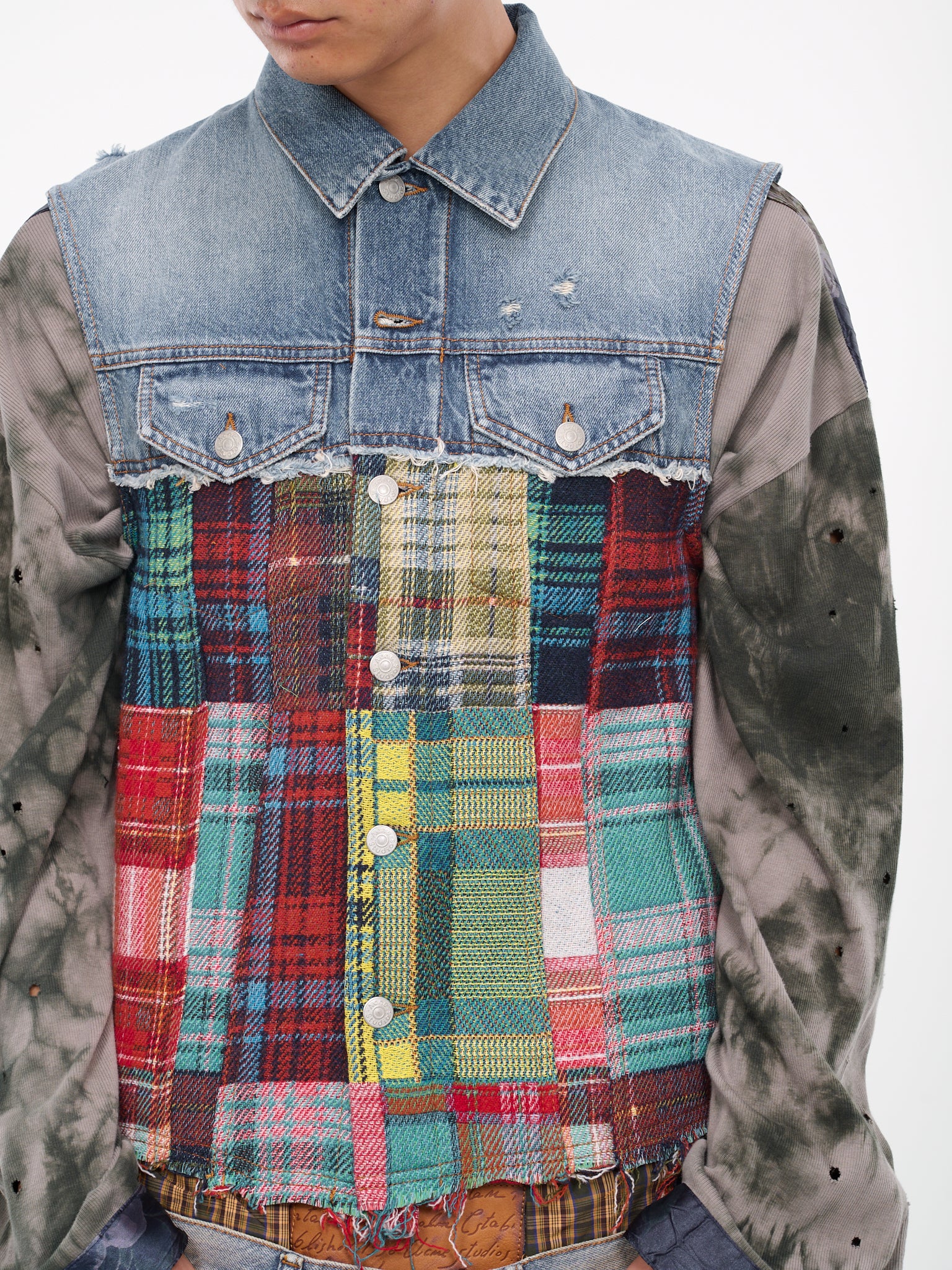 Denim Tartan Patchwork Vest (FN-MN-OUTW001002-MID-BLUE)