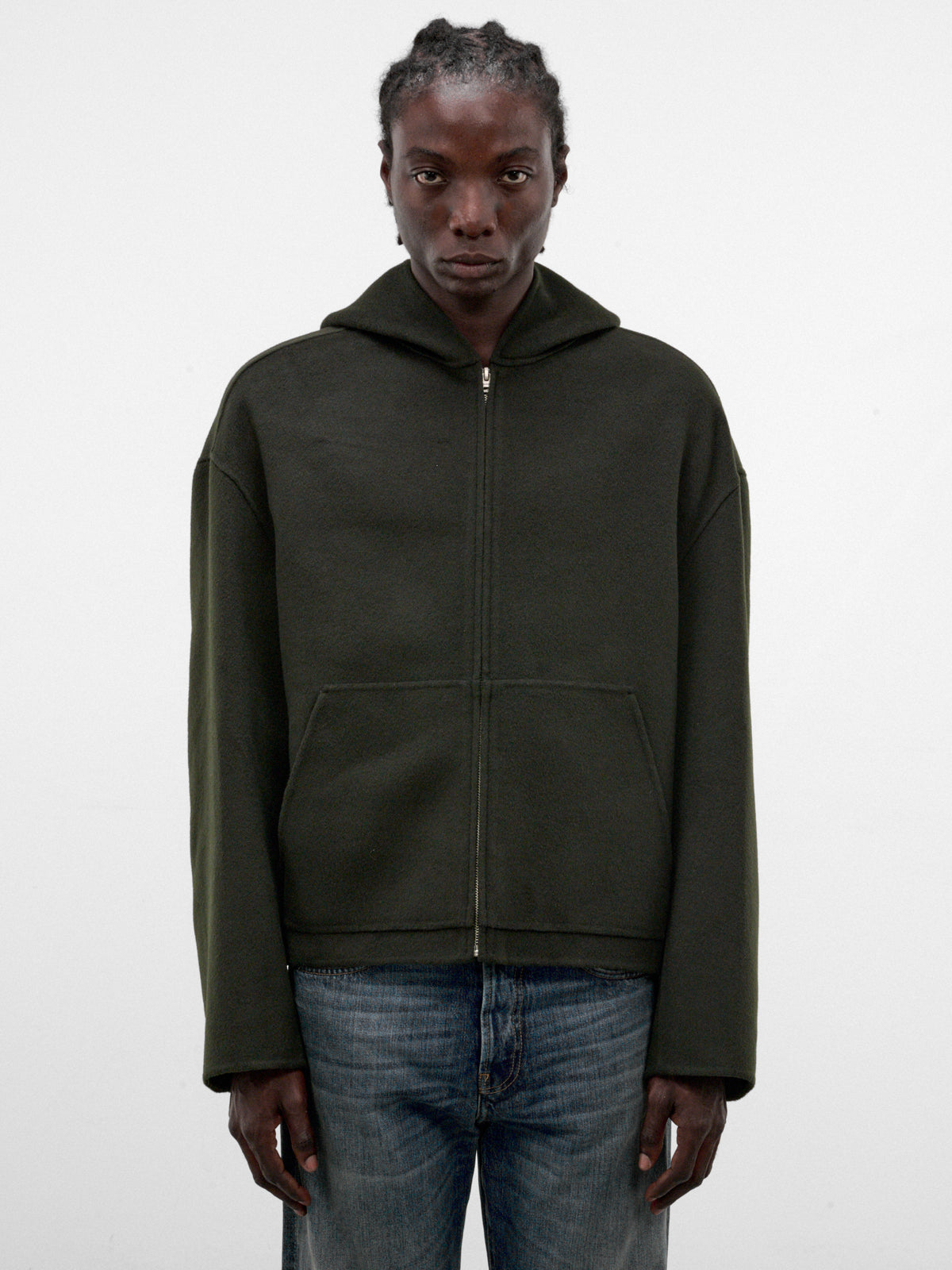 Green Wool-Cashmere Zip Hoodie (FN-MN-OUTW001238-DARK-GREEN)