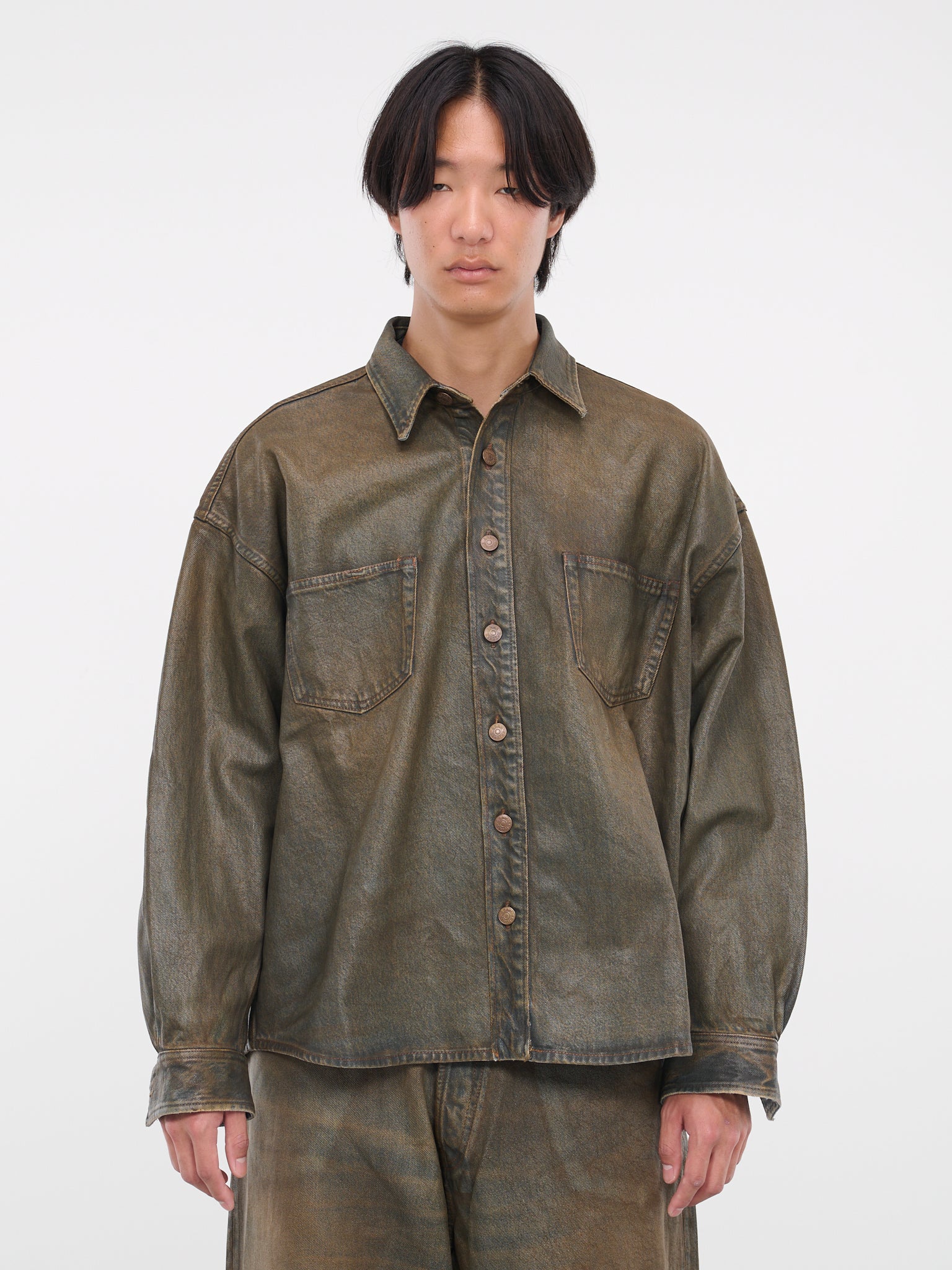 Oil Coated Denim Shirt (FN-MN-SHIR000695-BLUE-BEIGE)