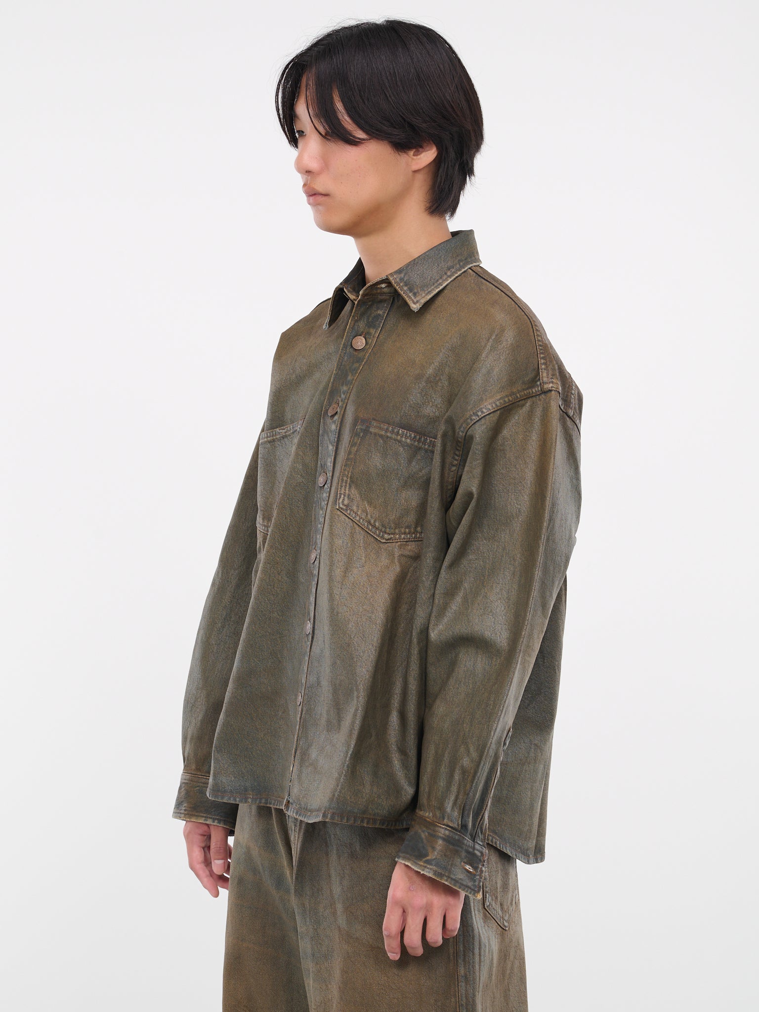 Oil Coated Denim Shirt (FN-MN-SHIR000695-BLUE-BEIGE)