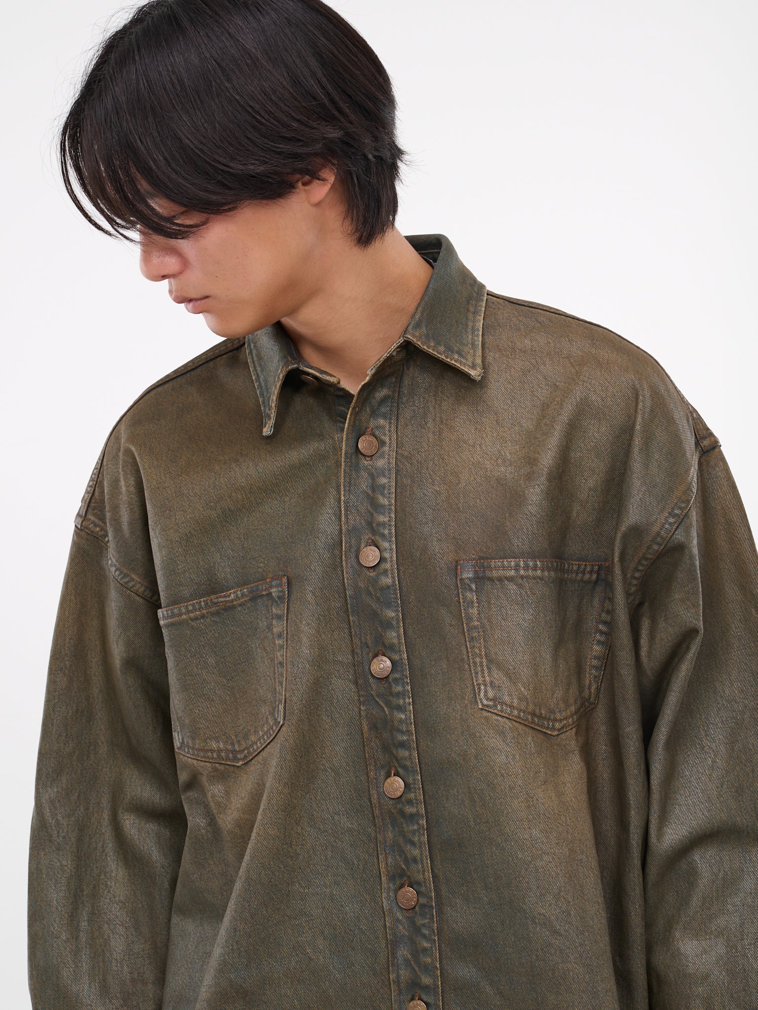 Oil Coated Denim Shirt (FN-MN-SHIR000695-BLUE-BEIGE)
