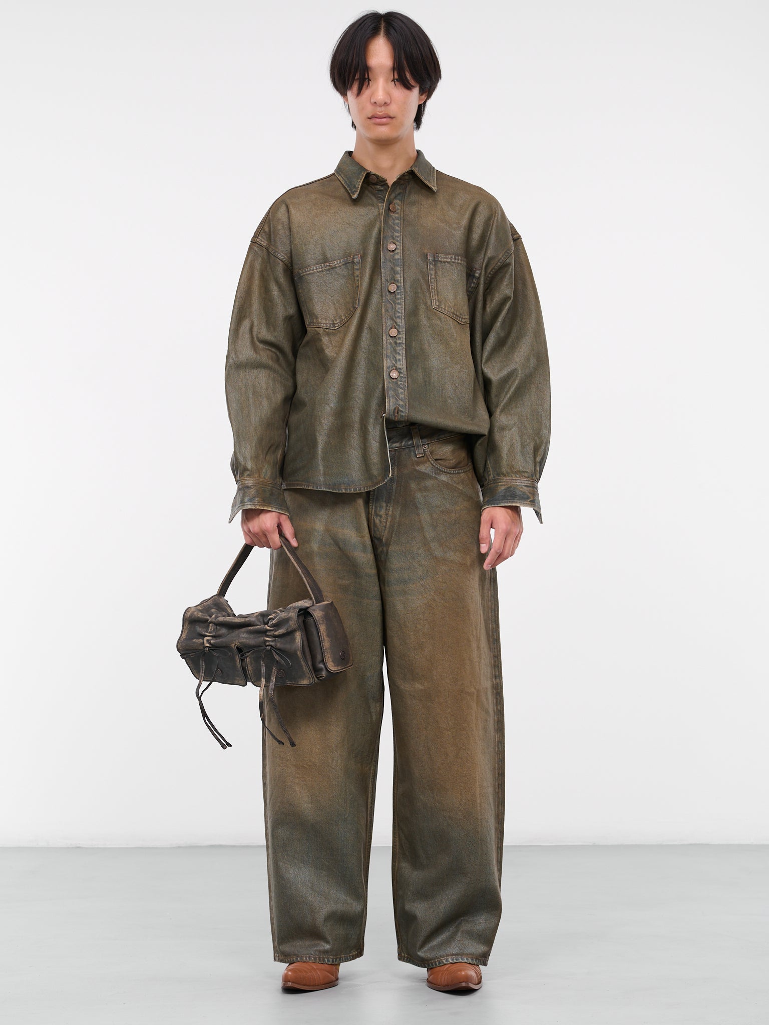 Oil Coated Denim Shirt (FN-MN-SHIR000695-BLUE-BEIGE)