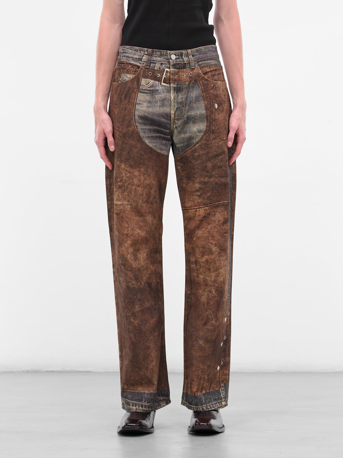 Trompe L'oeil Chaps Print Trousers (FN-MN-TROU001128-BLUE-BROWN)